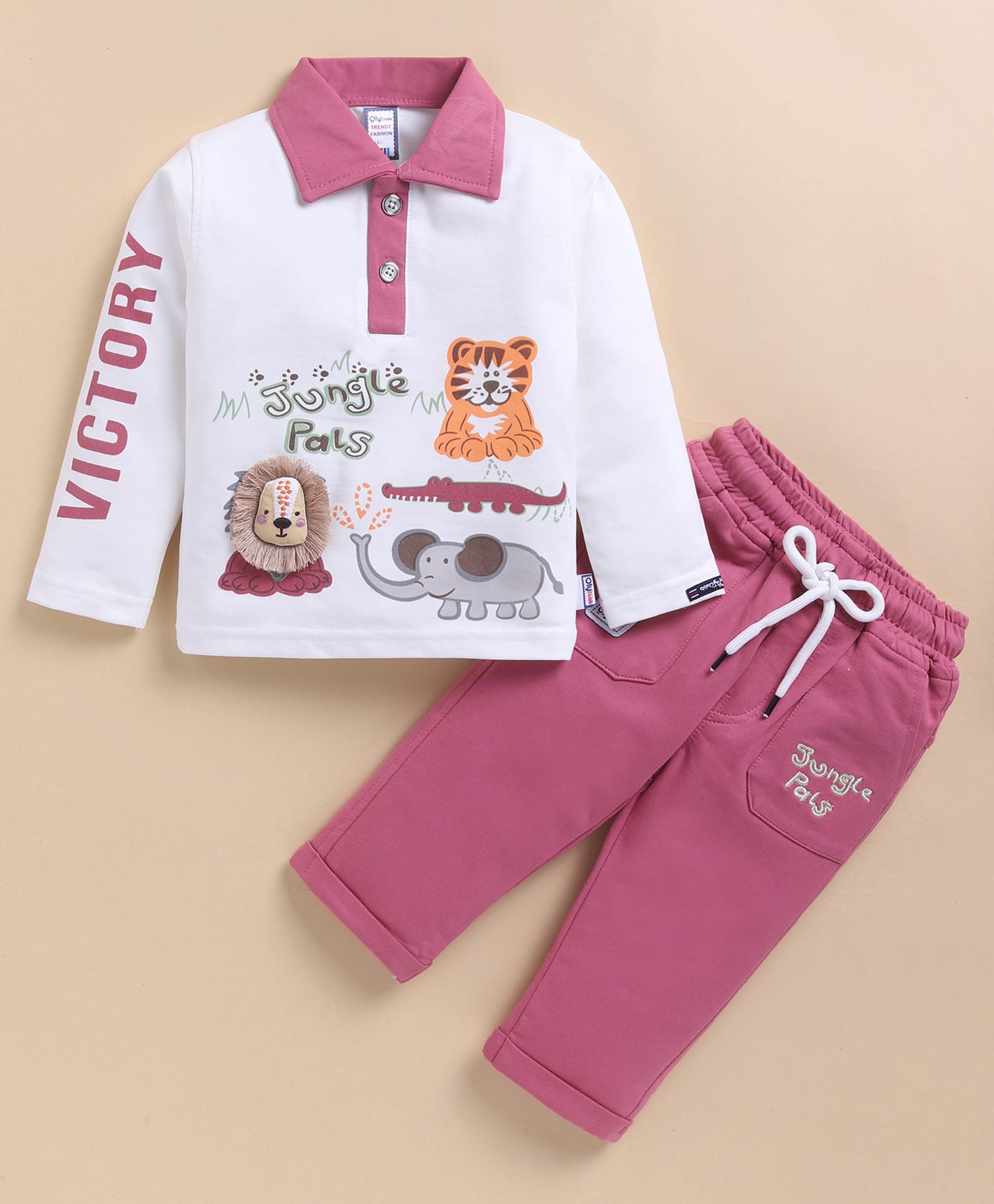 Olyoly Cotton Knit Full Sleeves Animal Printed Tee & Pants Set - Pink-image-23