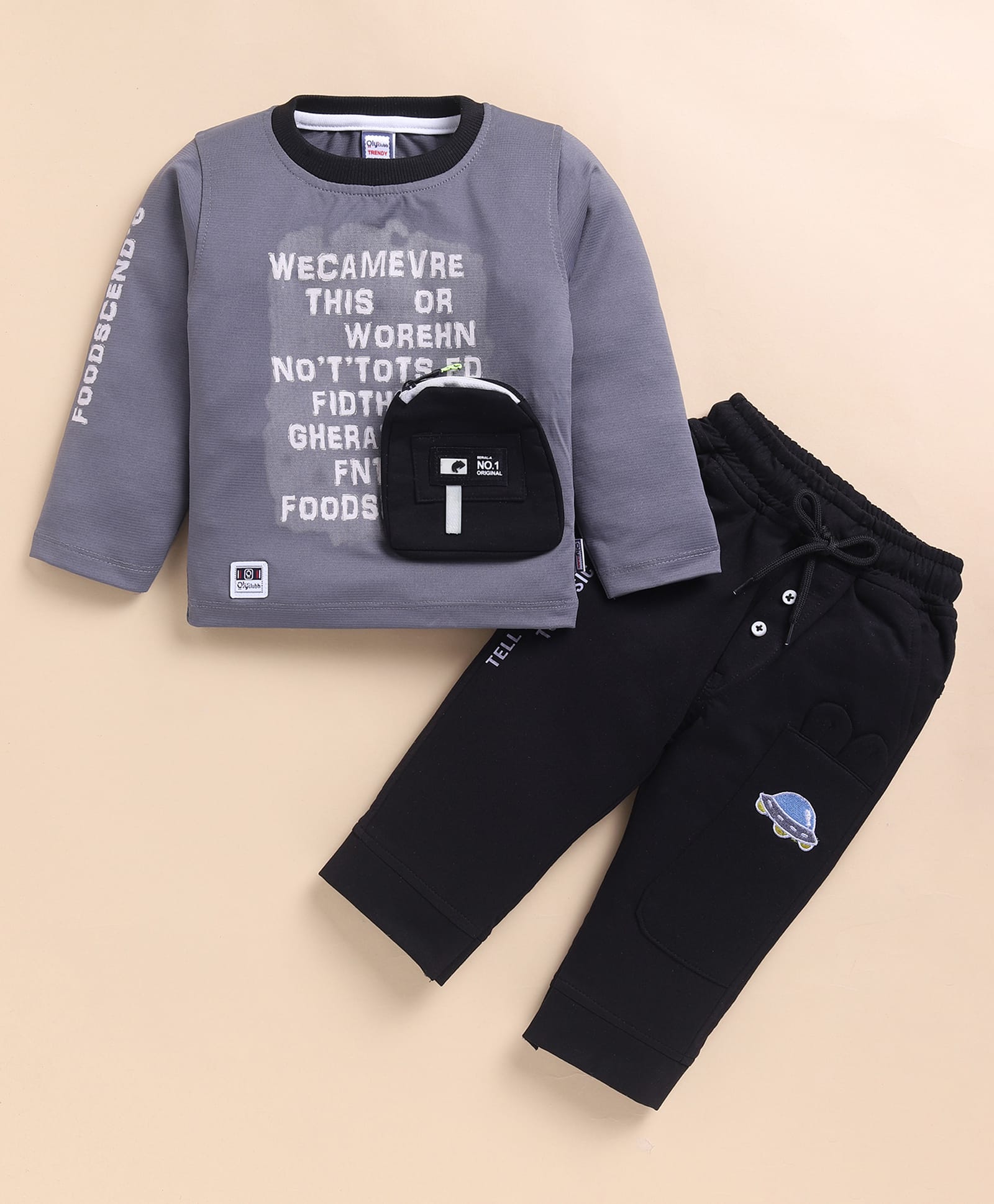 Olyoly Cotton Knit Full Sleeves Typography Printed Tee & Pants Set - Grey-image-27