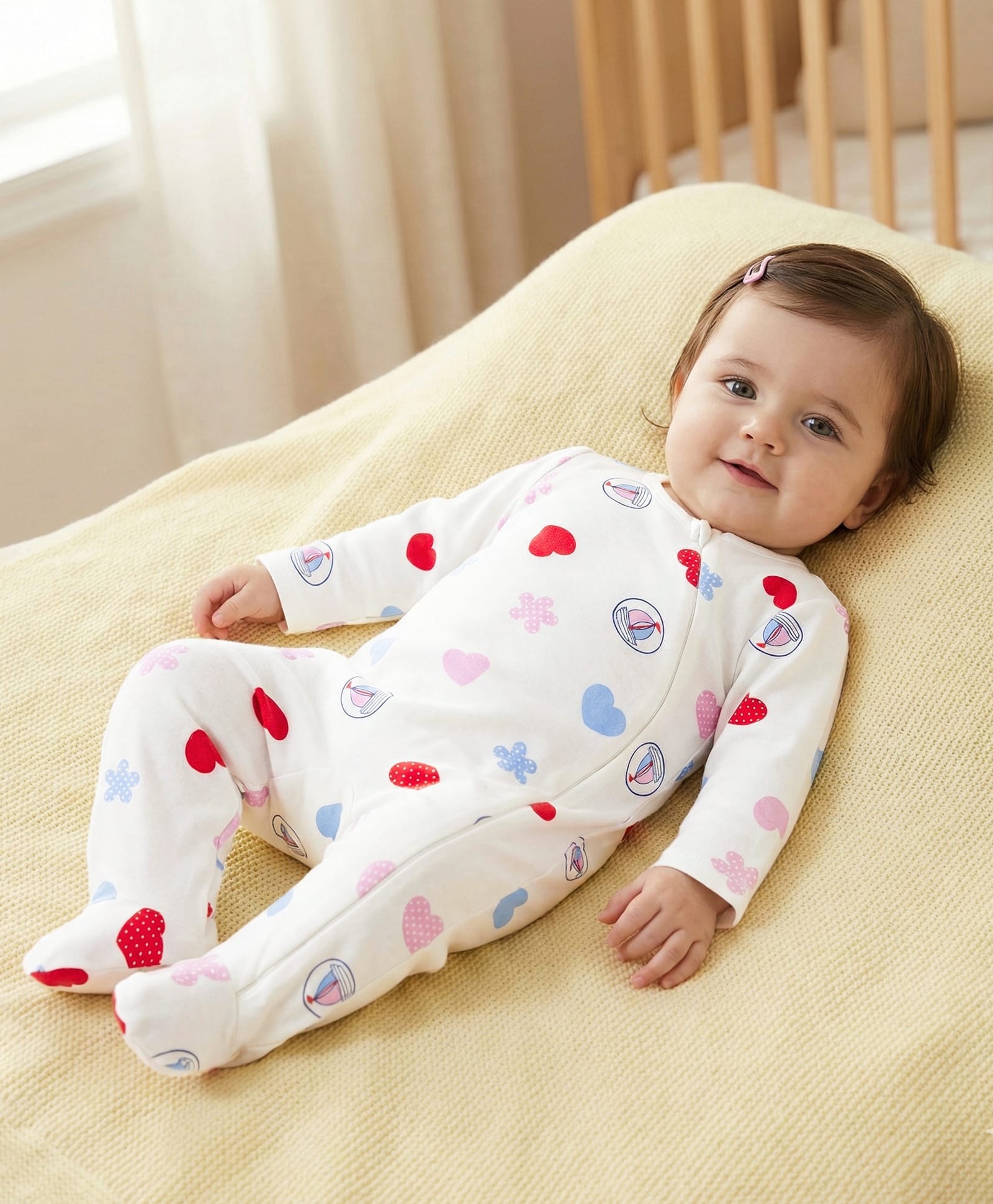 Babyoye 100% Cotton Knit With Eco Jiva Finish Full Sleeves Footed Sleep Suit With Floral & Heart Print - White-picture-35