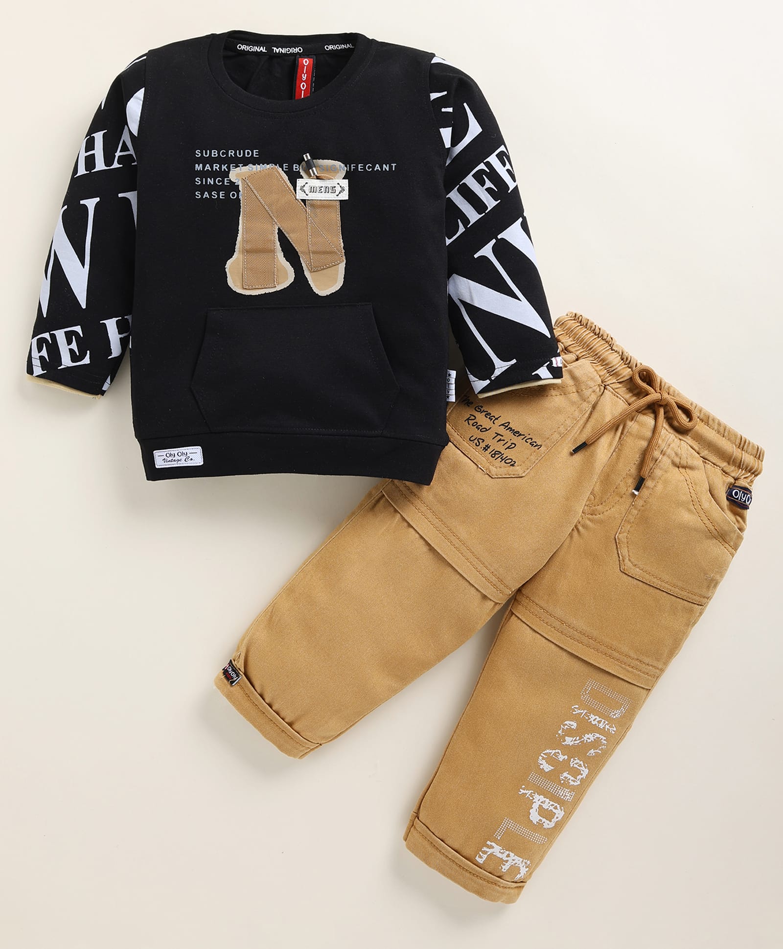 Olyoly Cotton Knit Full Sleeves Typography Printed Tee & Pant Set - Black-image-49