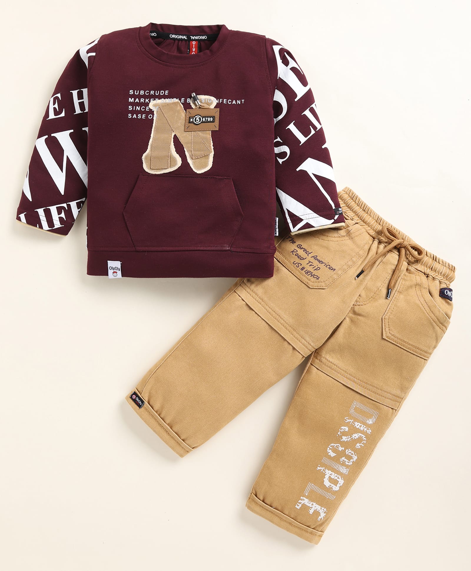 Olyoly Cotton Knit Full Sleeves Typography Printed Tee & Pant Set - Maroon-image-9