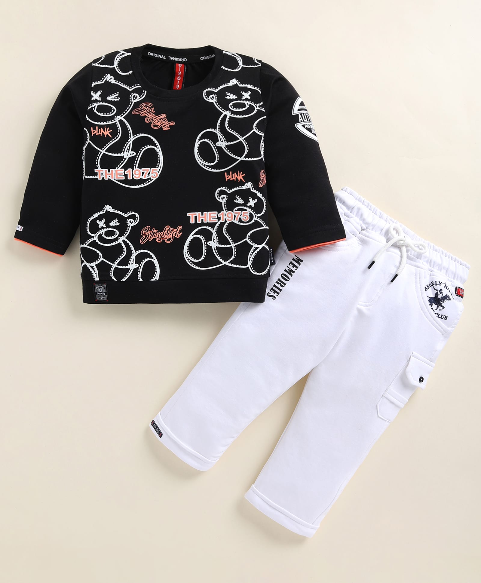 Olyoly Cotton Knit Full Sleeves Teddy Printed Tee & Pant Set - Black-image-17