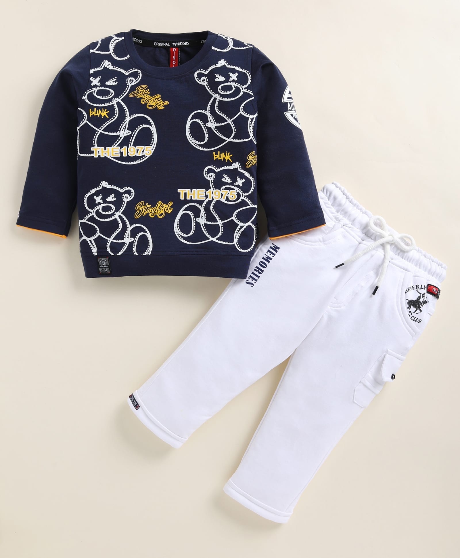 Olyoly Cotton Knit Full Sleeves Teddy Printed Tee & Pant Set - Navy Blue-image-22