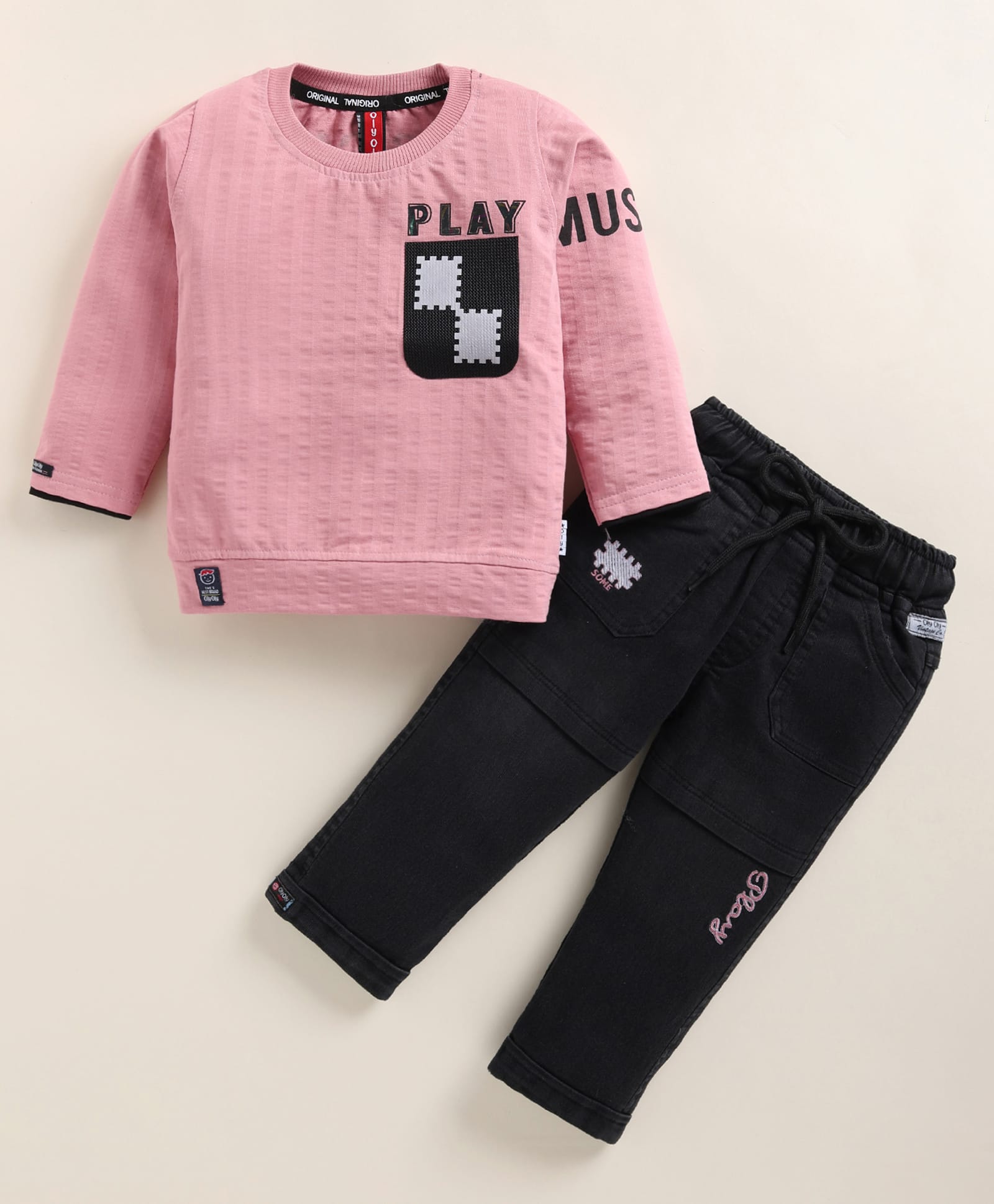 Olyoly Cotton Knit Full Sleeves Play Text Printed Tee & Pant Set - Pink-image-27