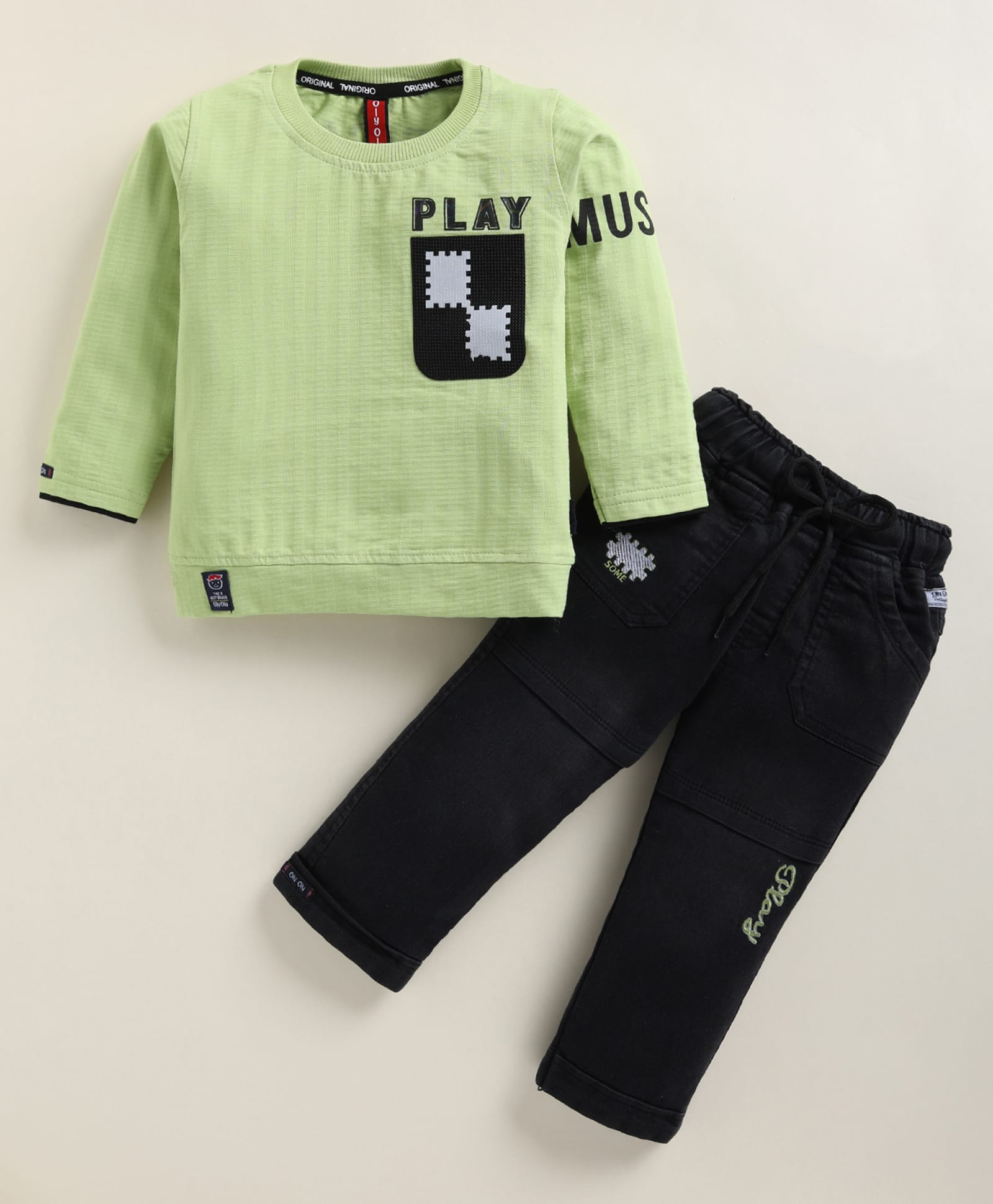 Olyoly Cotton Knit Full Sleeves Play Text Printed T-Shirt & Pant - Green-picture-10