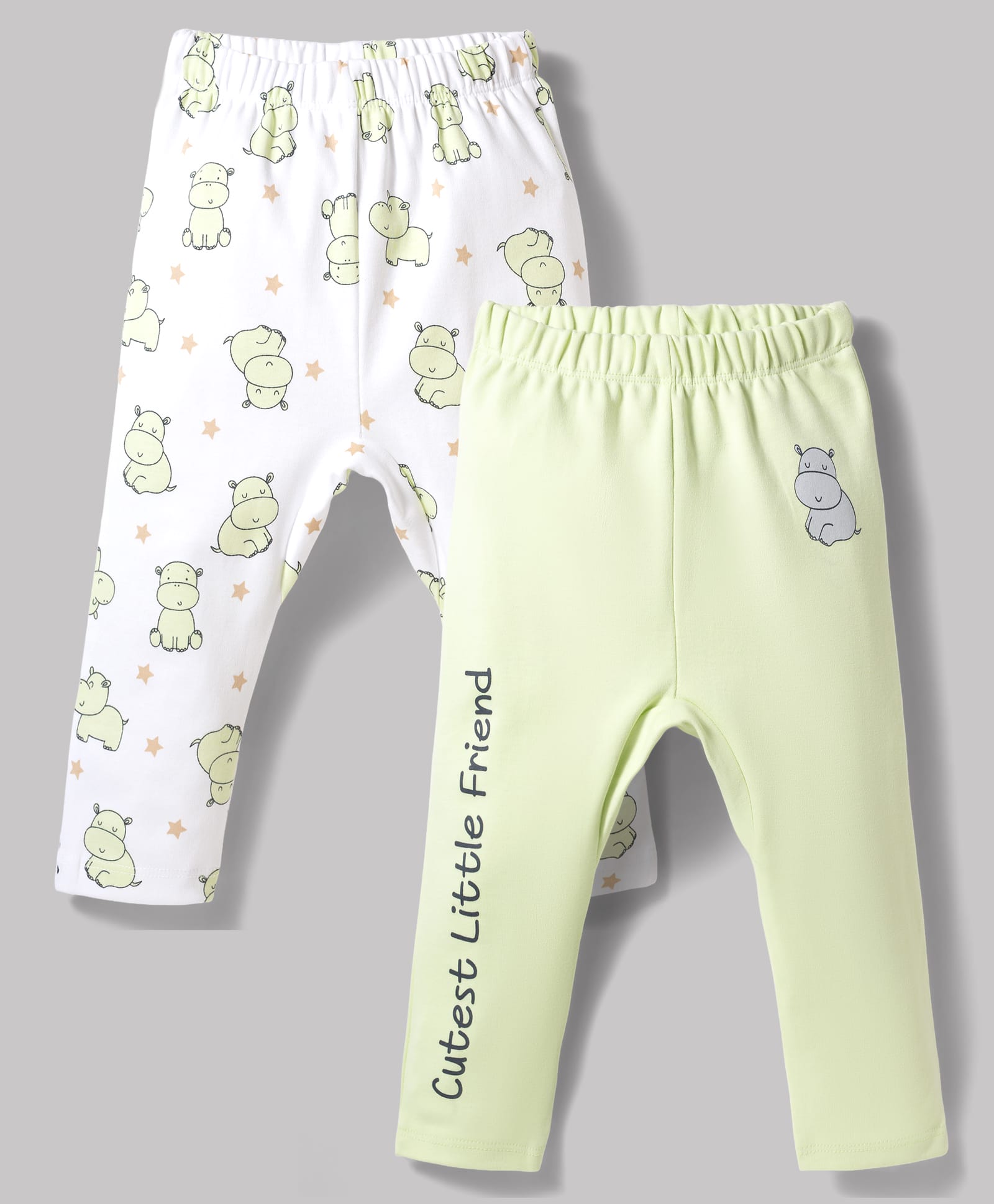 Babyoye 100% Cotton Knit Full Length Animal Printed Diaper Leggings Pack Of 2 - Light Green & White-picture-41