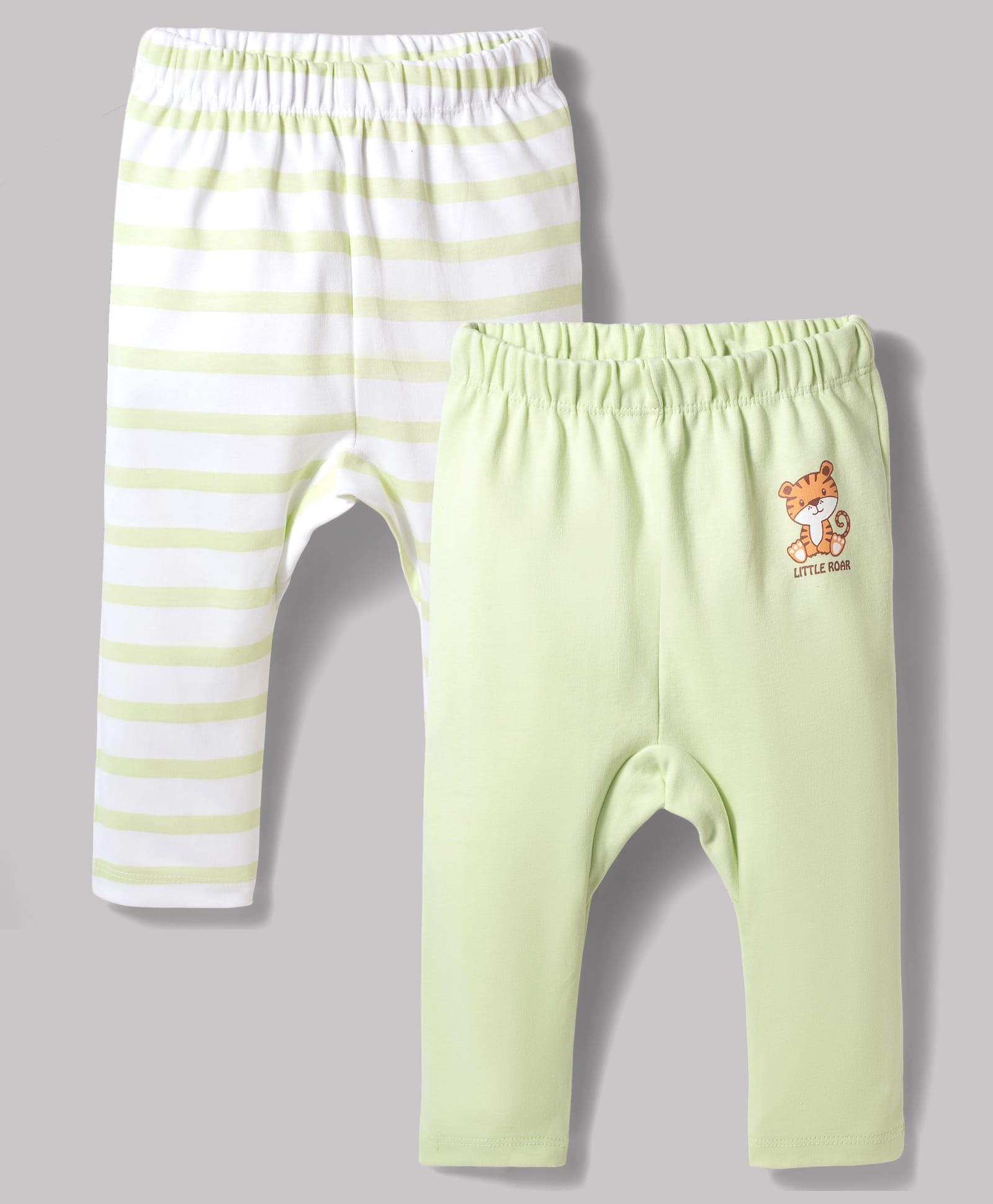 Babyoye 100% Cotton Knit Full Length Striped & Animal Printed Diaper Leggings Pack of 2 - Light Green & Cream-image-9