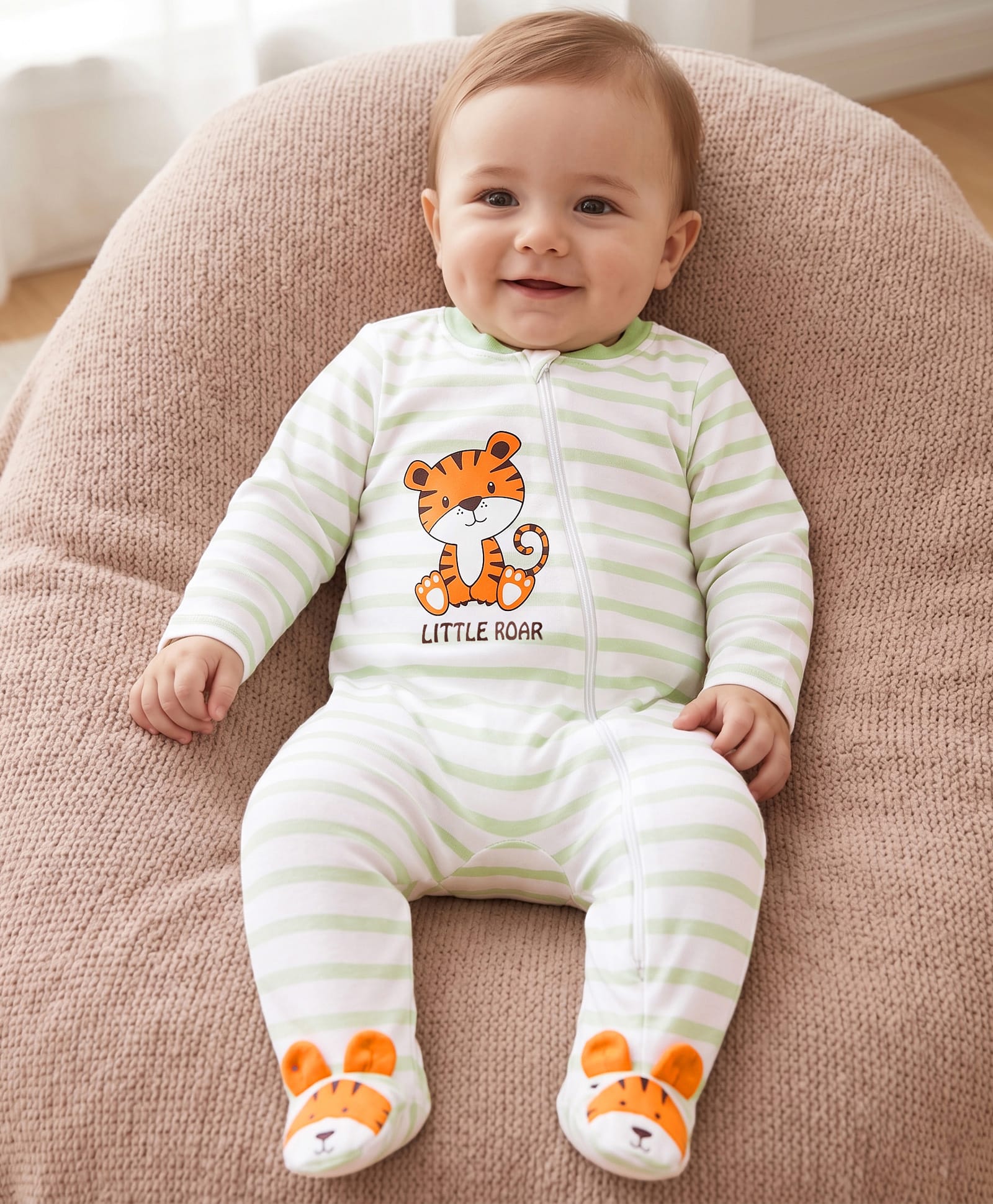 Babyoye Interlock Knit Full Sleeves Striped Footed Sleepsuit With Cub Print - Light Green-picture-31