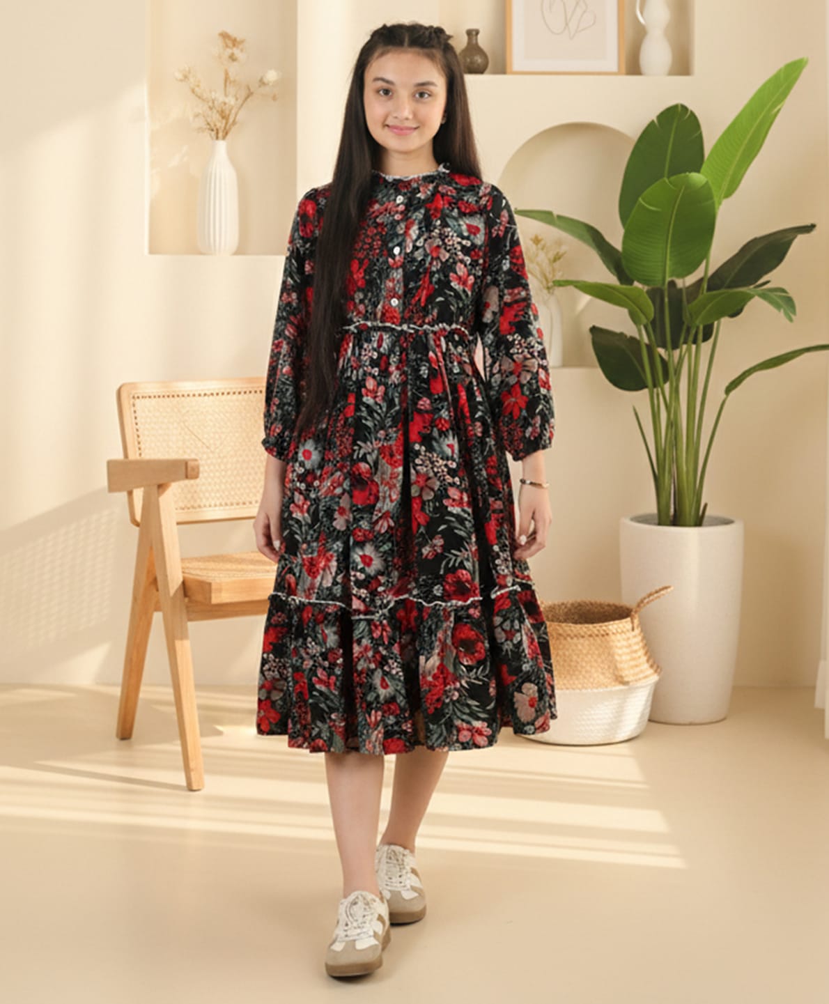 Cutiekins Woven Full Sleeves Floral Printed Frill Detailed Dress - Black & Red-image-28
