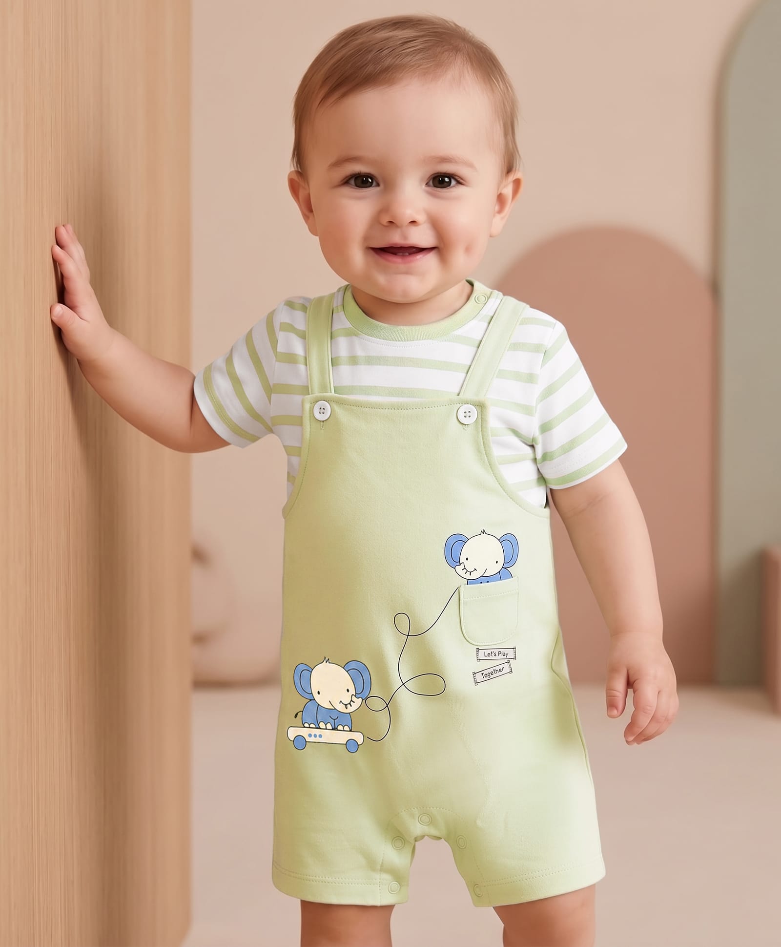 Babyoye 100% Cotton Knit Half Sleeves Striped & Elephant Printed Dungaree Style Romper - Light Green-image-22
