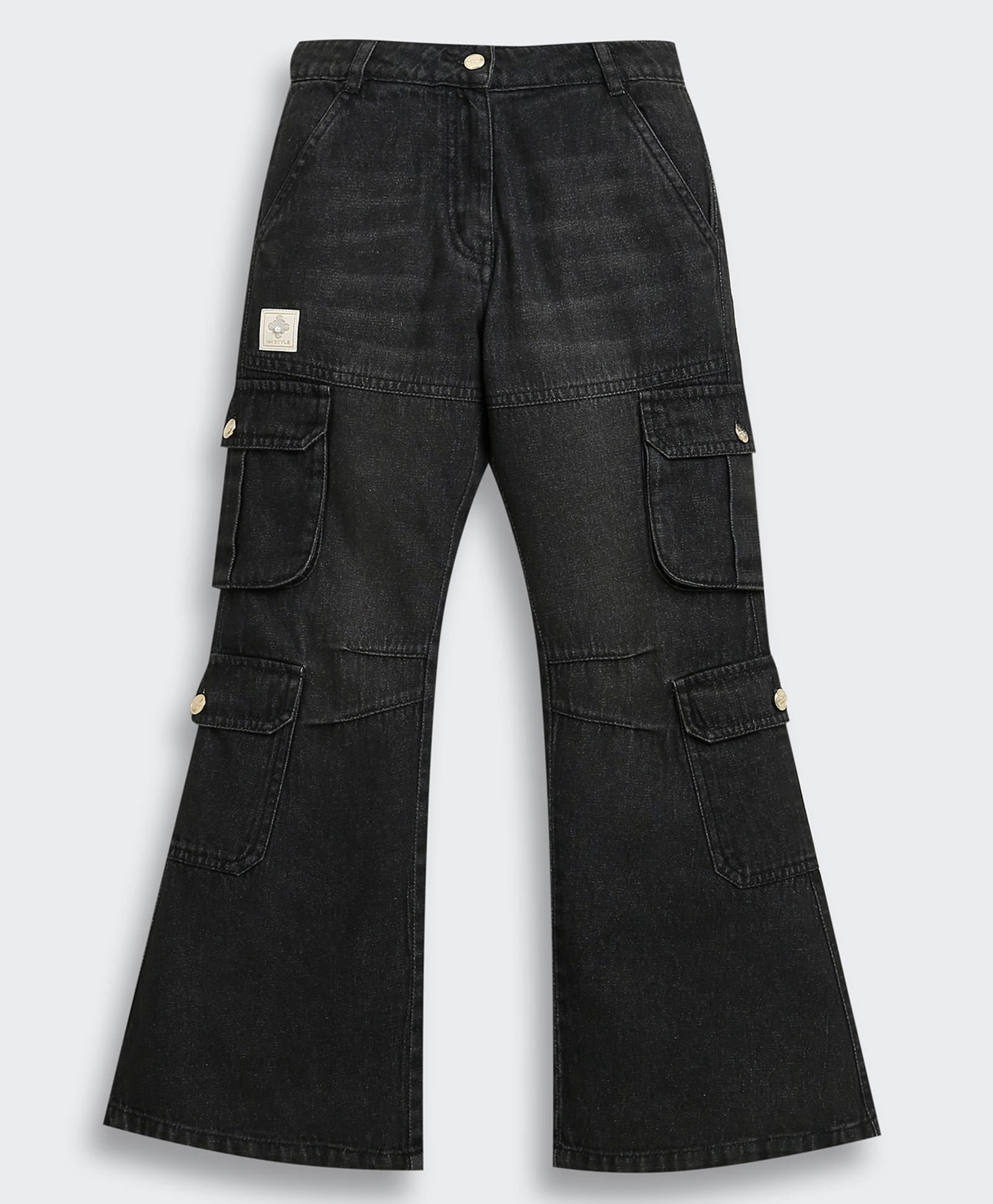 Tiny Girl Cotton Woven Mild Washed Cargo Boot Cut Jeans - Black-picture-28