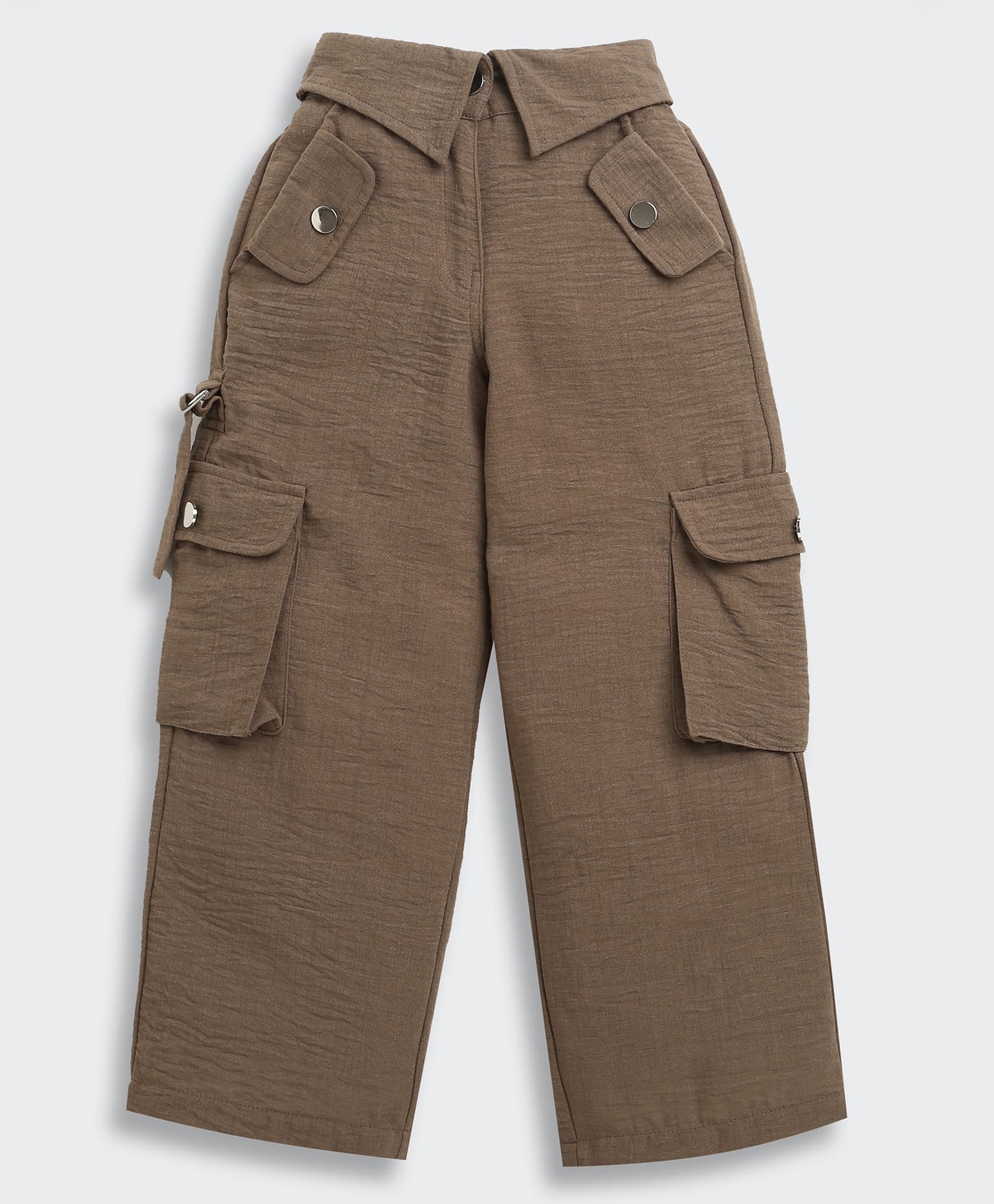 Tiny Girl Cotton Woven Solid Cargo Wide Leg Jeans - Brown-picture-26