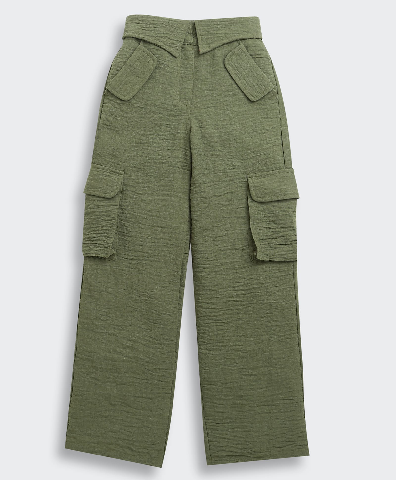 Tiny Girl Cotton Woven Solid Cargo Wide Leg Jeans - Green-picture-21