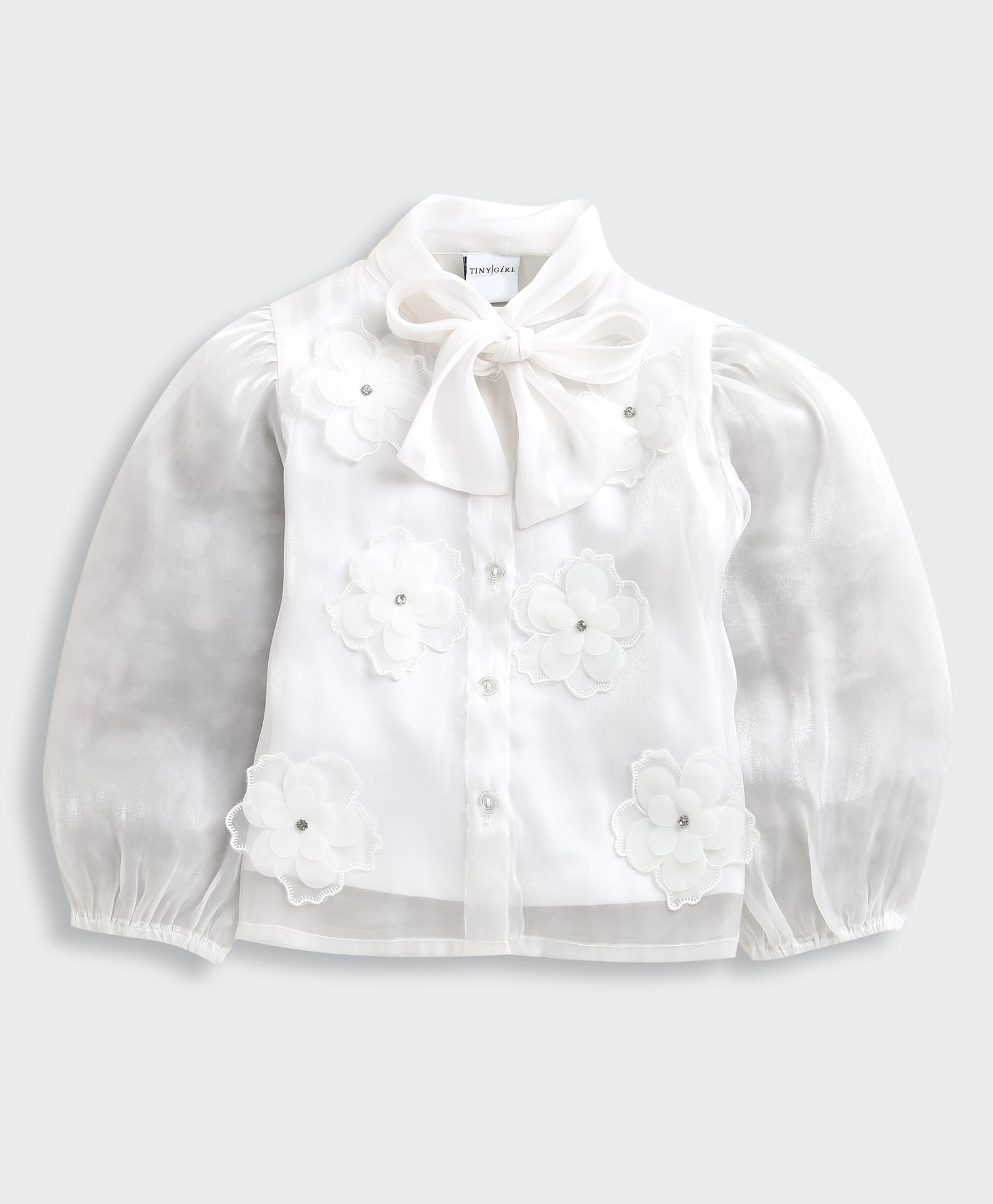 Tiny Girl Woven Full Sleeves Stone Embellished Floral & Bow Applique Detailed Shirt Style Top With Inner Tee - White-picture-29
