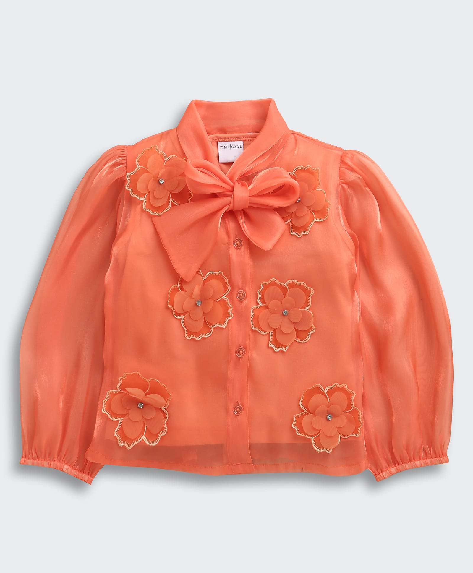 Tiny Girl Woven Full Sleeves Floral Applique Detailed Shirt Style Top With Inner Tee - Orange