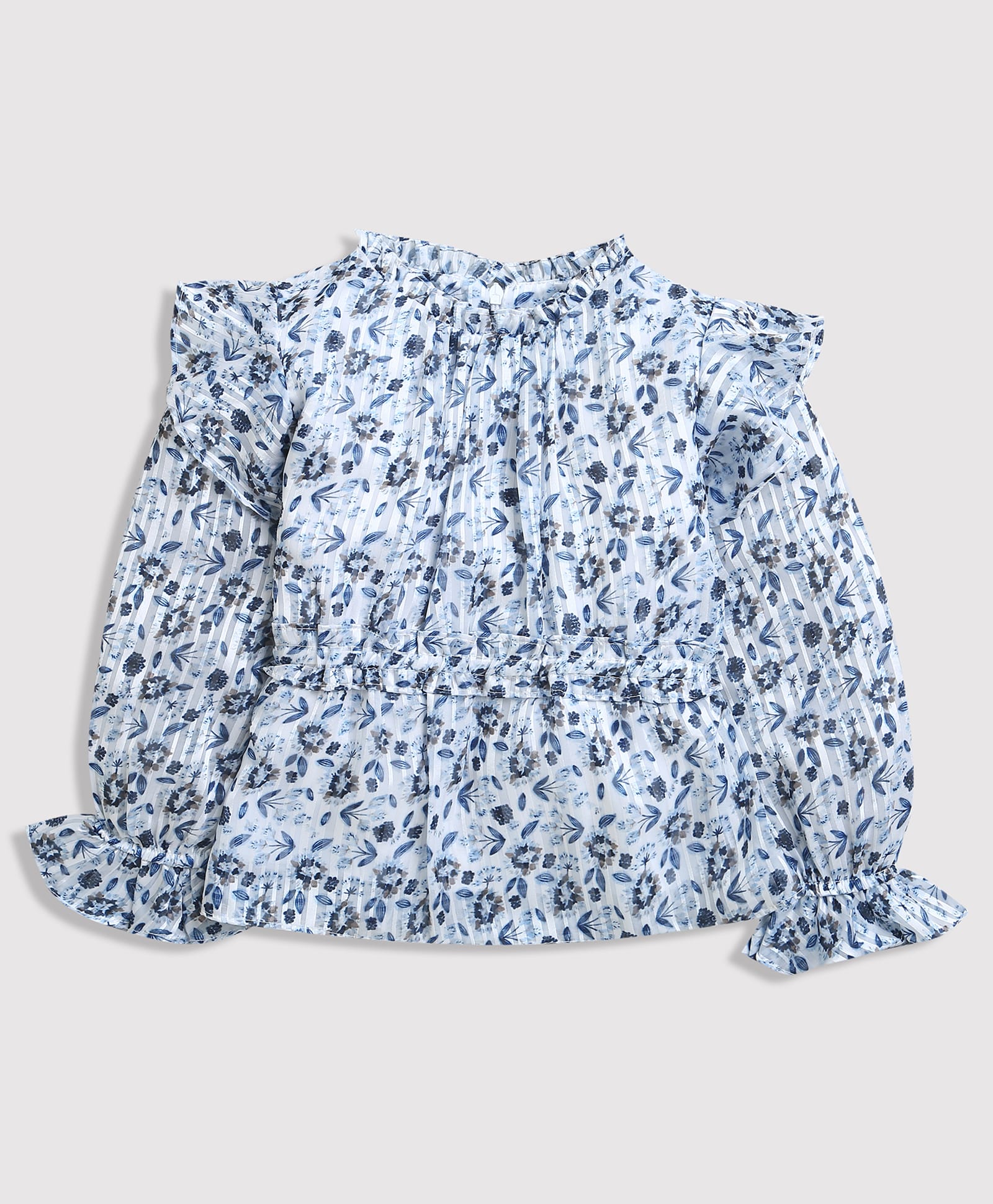 Tiny Girl Woven Full Puffed Sleeves Floral Printed Pleated Top - Blue-picture-25