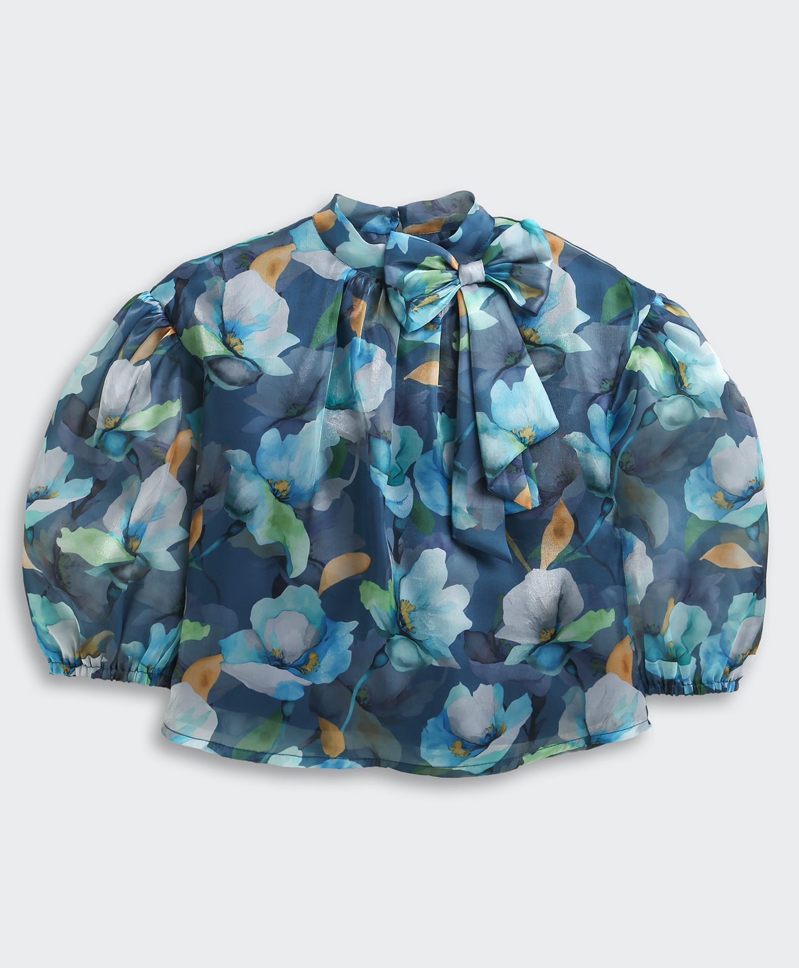 Tiny Girl Woven Full Sleeves Floral Printed Bow Applique Detailed Shirt - Blue-picture-2