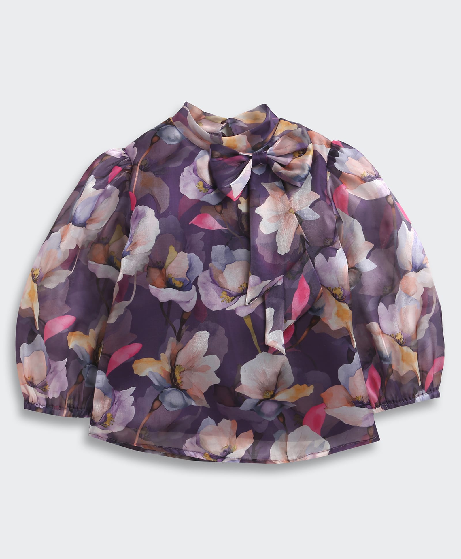 Tiny Girl Woven Full Sleeves Floral Printed Bow Applique Detailed Shirt - Purple-picture-22