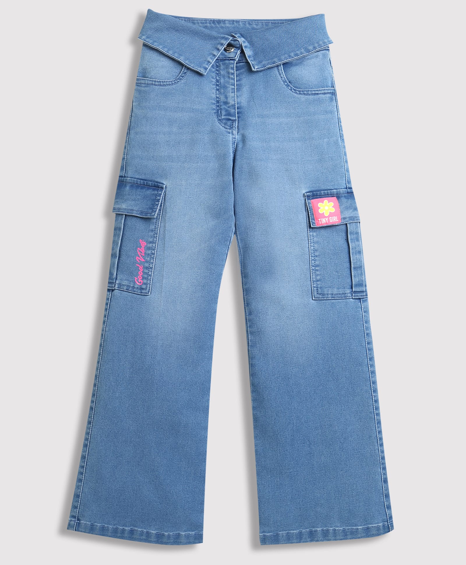 Tiny Girl Cotton Woven Good Vibes Text Embroidered Washed Jeans - Light Blue-picture-32