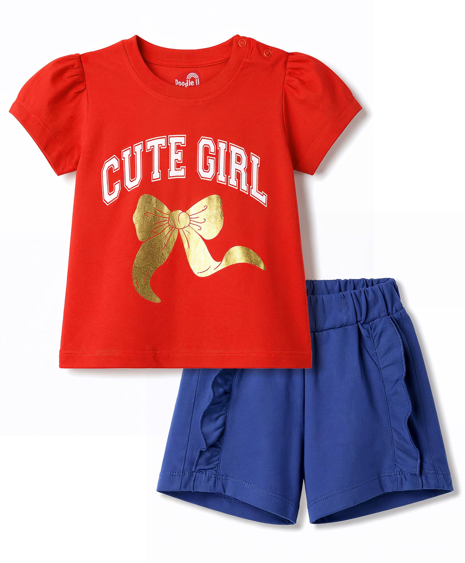 Doodle Poodle 100% Cotton Knit Half Sleeves Top & Shorts Set with Text Print - Red & Navy Blue-picture-34
