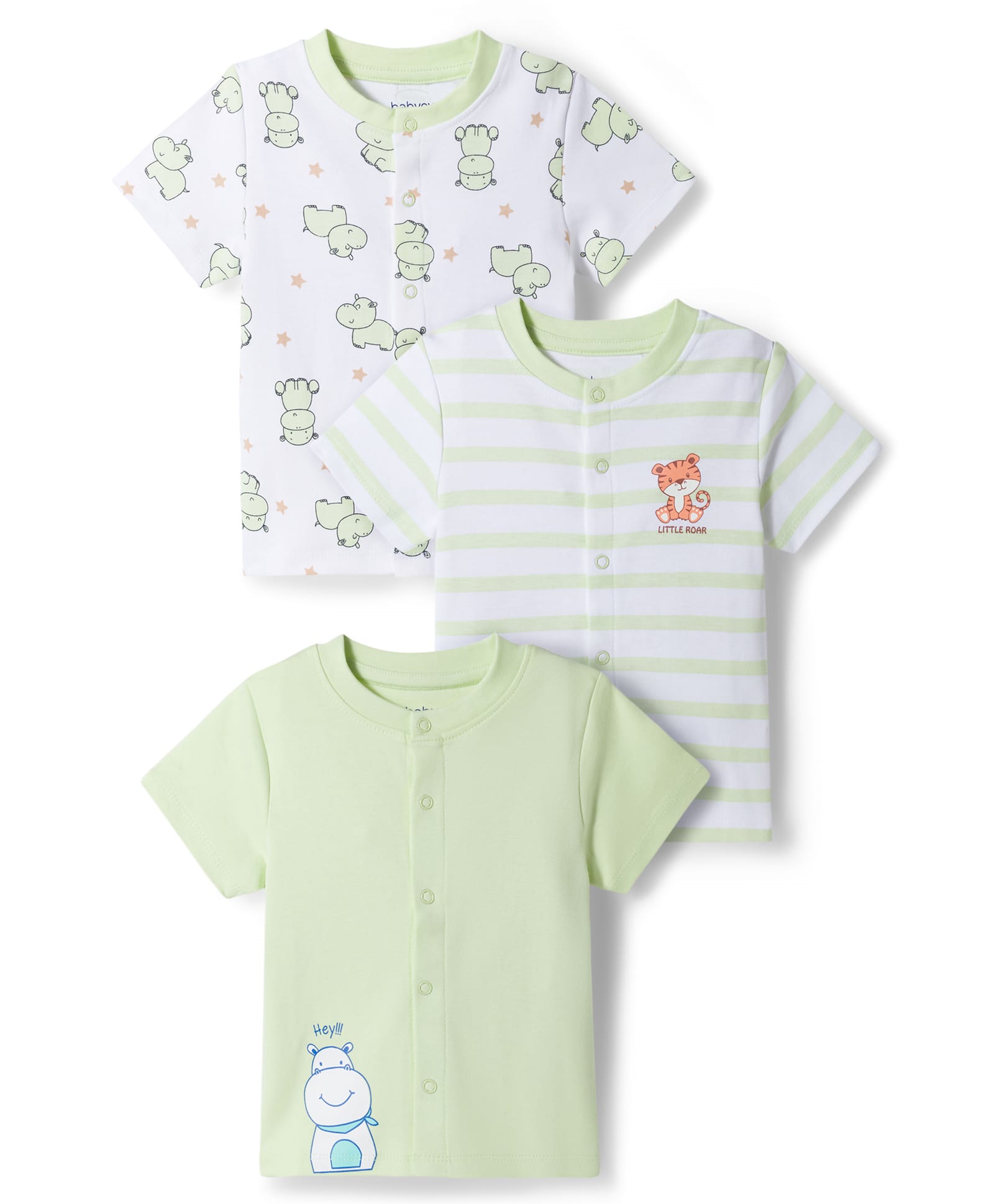 Babyoye 100% Cotton Interlock Knit Half Sleeves Jhablas With Hippo & Tiger Print Pack of 3 - Multicolor-image-22