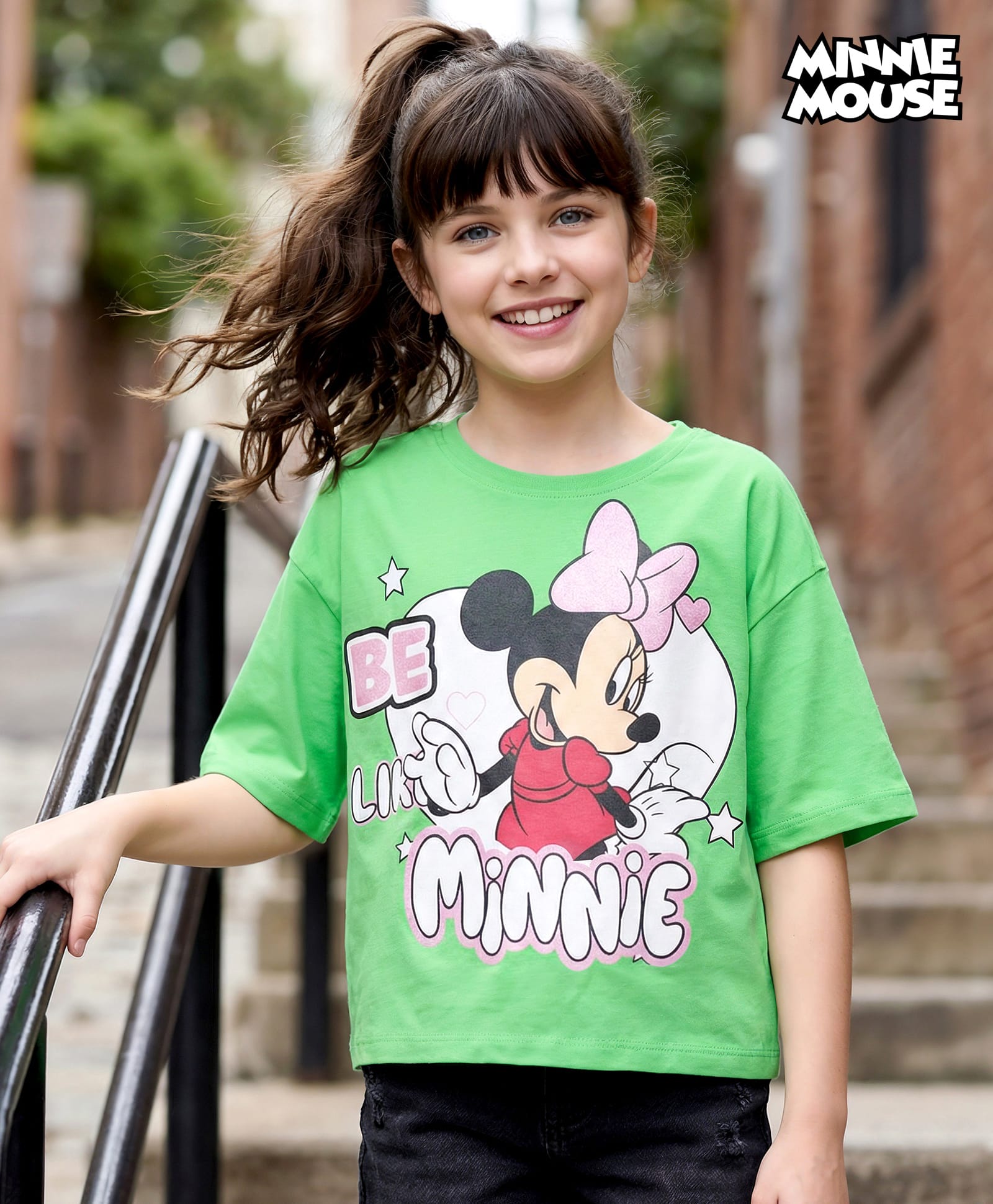 Pine Kids Disney Single Jersey Knit Drop Shoulder Half Sleeves Oversized Crop T-Shirt With Minnie Mouse Graphics - Green-image-26