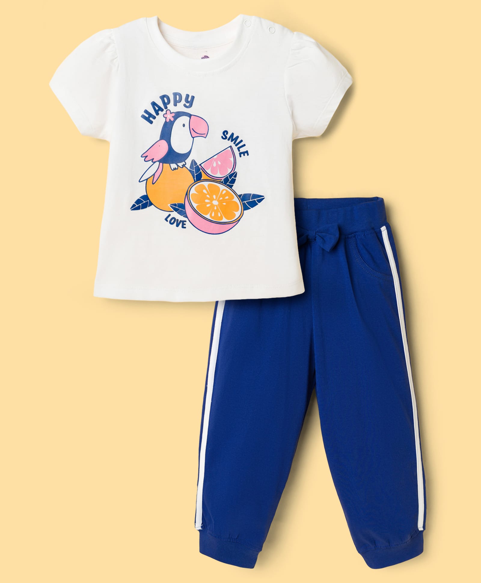 Doodle Poodle 100% Cotton Single Jersey Knit Half Sleeves Top & Lounge Pant Set with Bird Print & Tape Detailing - White & Navy Blue-picture-15