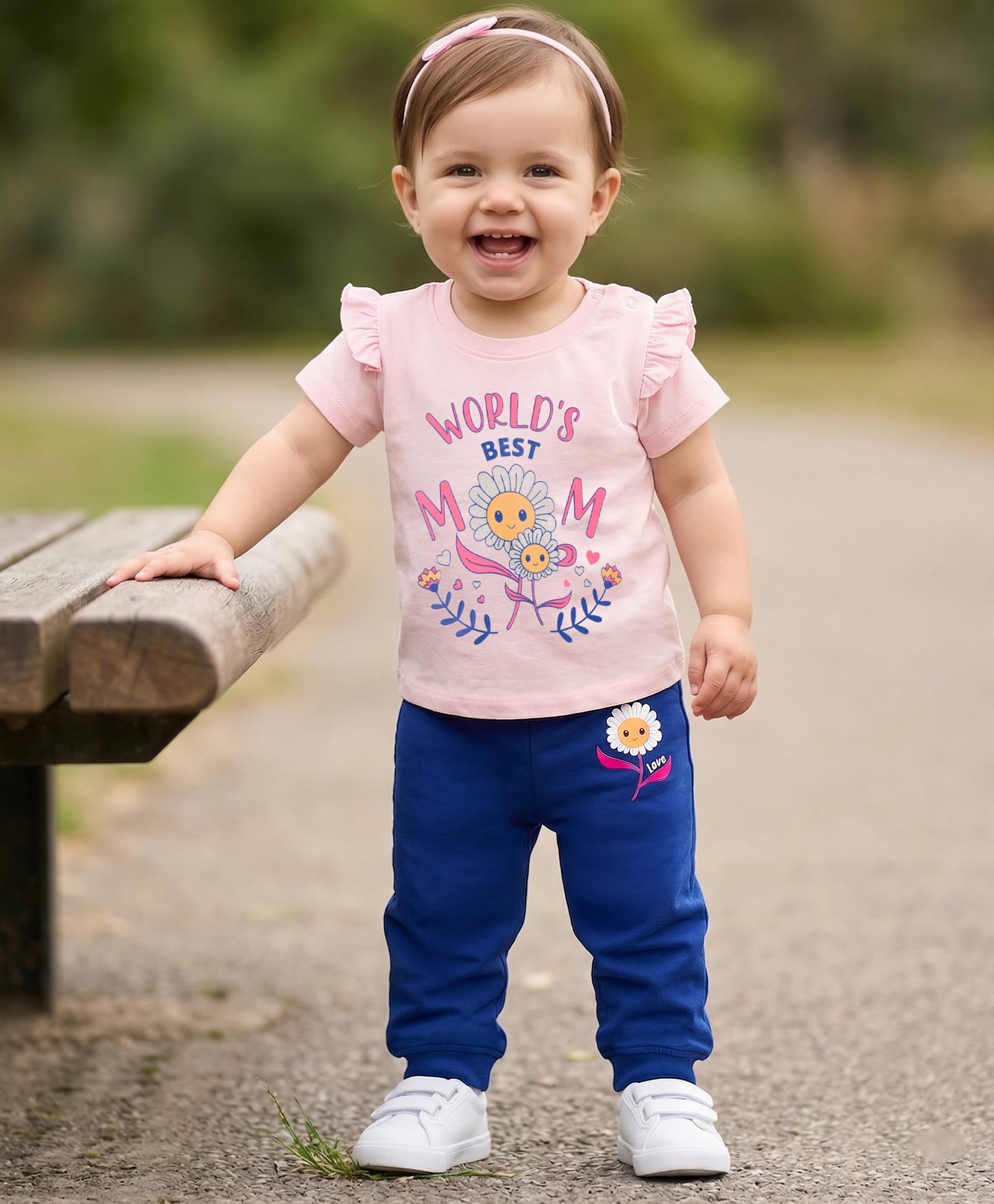 Doodle Poodle 100% Cotton Single Jersey Knit Half Sleeves Top & Lounge Pant Set with Floral Print & Bow Applique - Navy Blue & Pink-picture-19