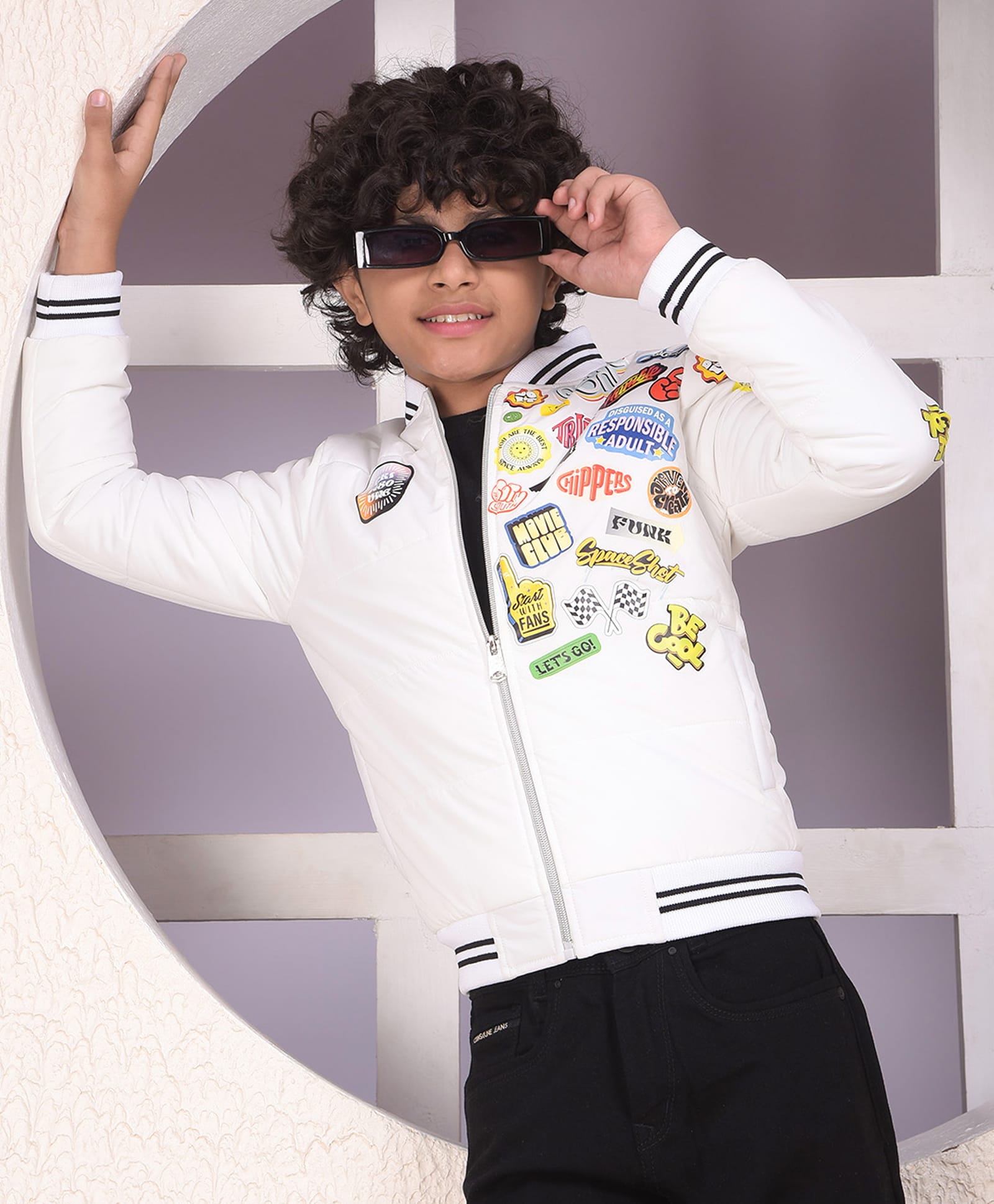 CRIMSOUNE CLUB Woven Full Sleeves Stickers & Typography Printed Light Winter Jacket - White-image-28