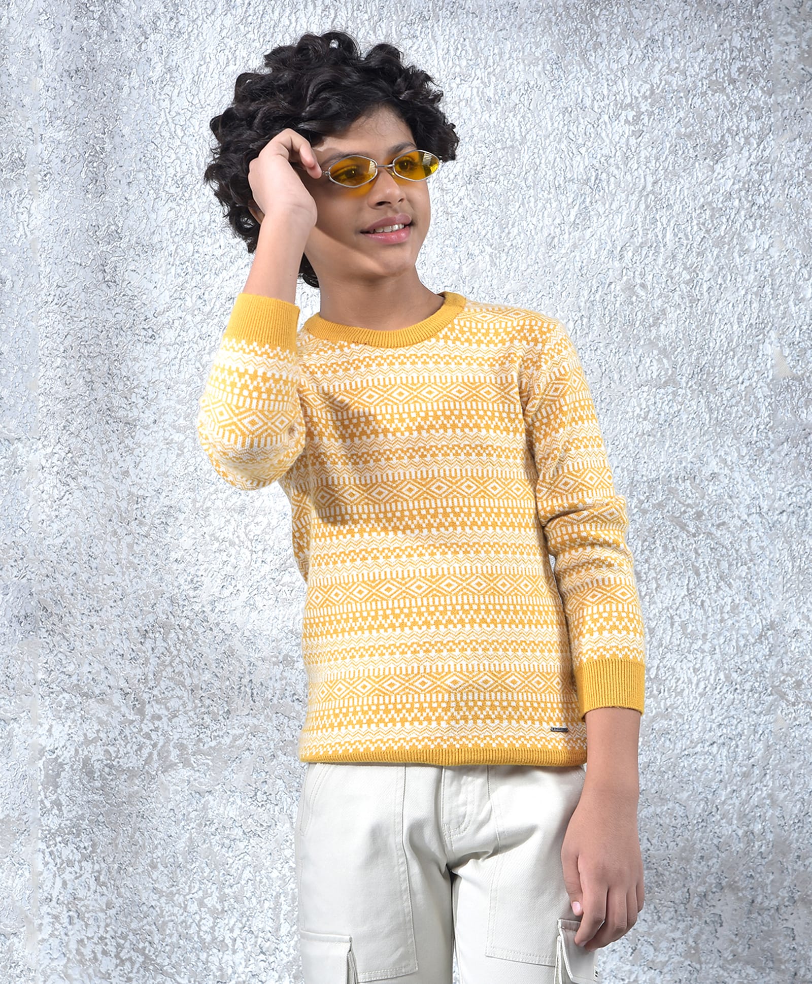 CRIMSOUNE CLUB Viscose Woven Full Sleeves Abstract Designed Sweater - Mustard-picture-26