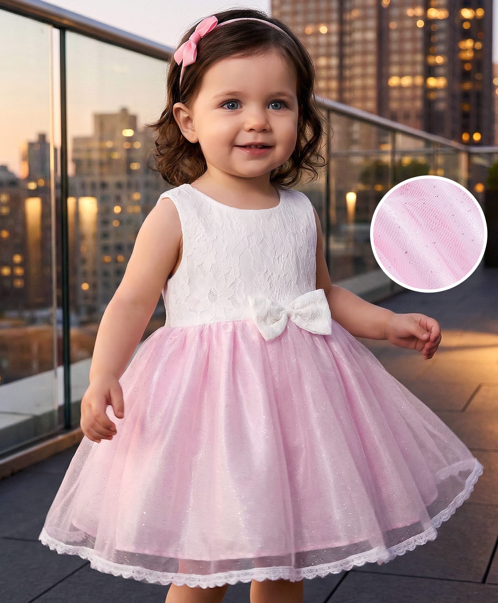Babyoye Lace Woven Satin Sleeveless Party Dress With Floral Embroidery & Bow - Pink & White-image-22