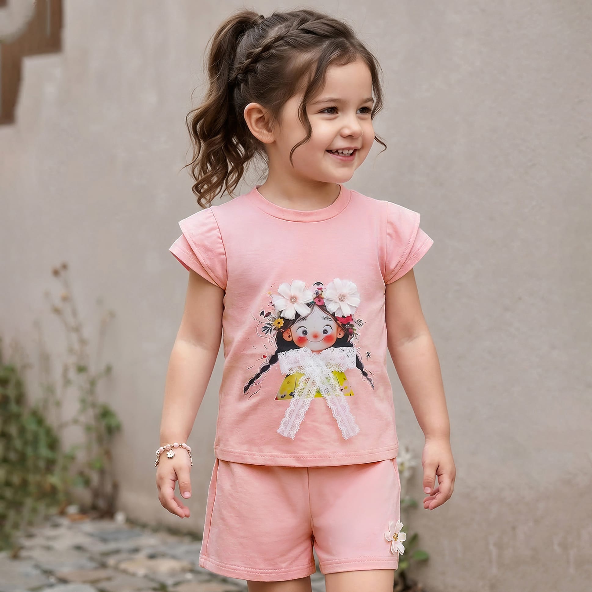 Mark & Mia Cotton Half Sleeves Top & Shorts Set With Floral & Bow Applique - Pink-picture-21