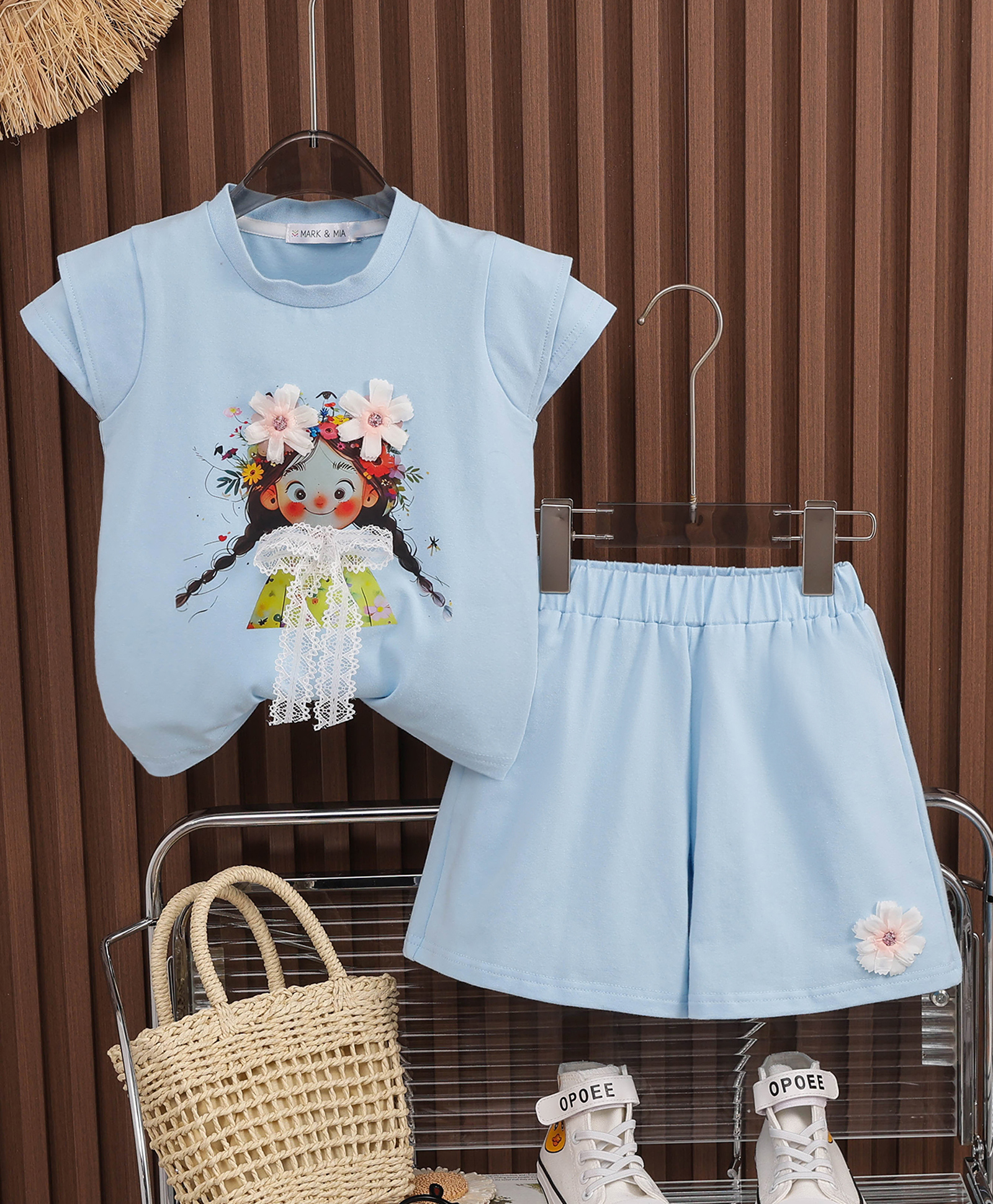 Mark & Mia Cotton Half Sleeves Top & Shorts Set With Floral & Bow Applique - Light Blue-picture-11