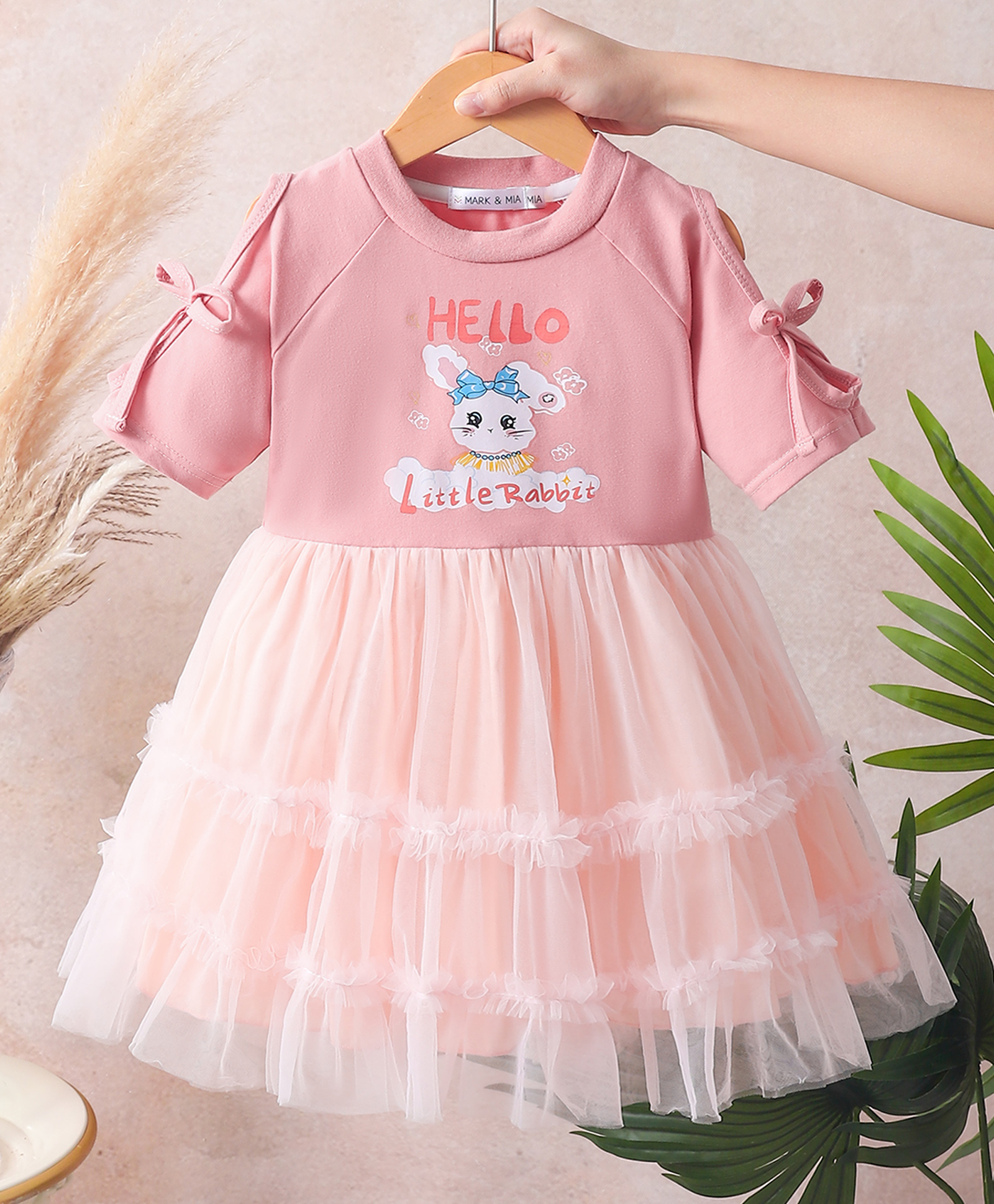 Mark & Mia Cotton Half Sleeves Frock With Bunny Print - Peach-image-35