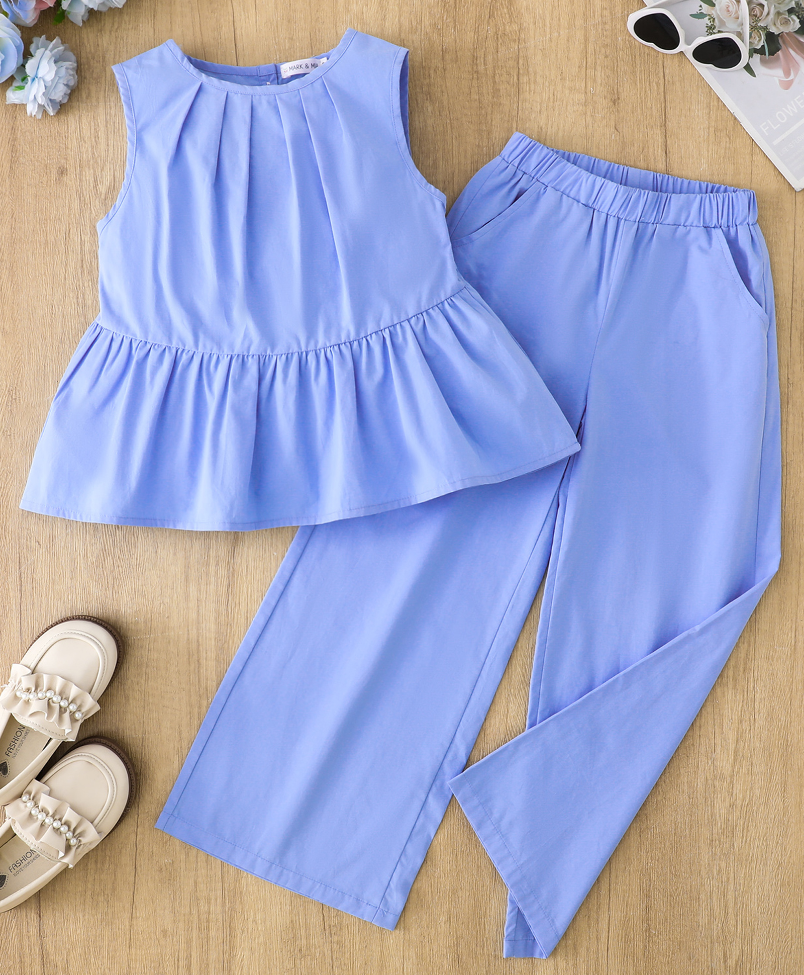 Mark & Mia Cotton Sleeveless Solid Top & Lounge Pant Set - Blue-picture-13