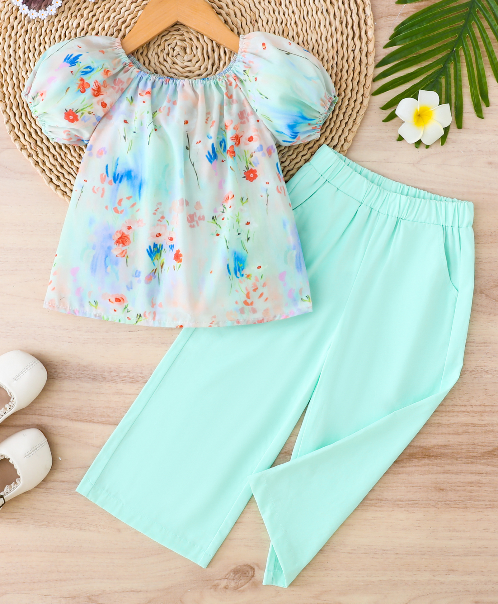 Mark & Mia Half Puffed Sleeves Top & Lounge Pant Floral Print - Aqua Blue-image-12