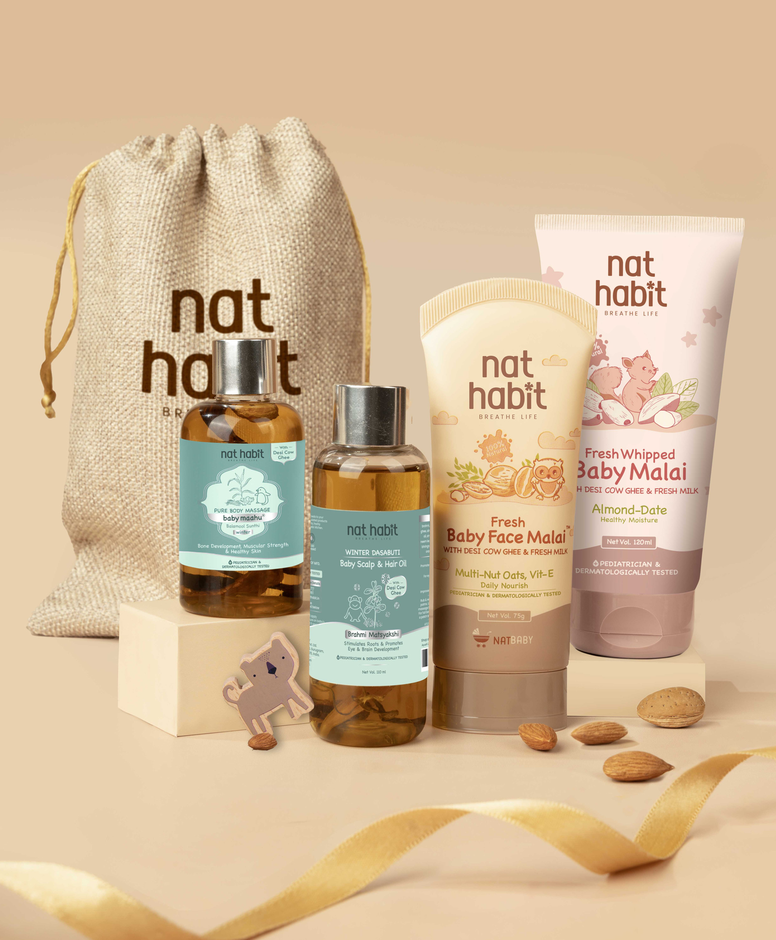 Nat Habit Baby Winter Kit Almond Body Lotion, Face Cream, Winter Massage & Hair Oil for Warmth & Healthy Skin-image-5