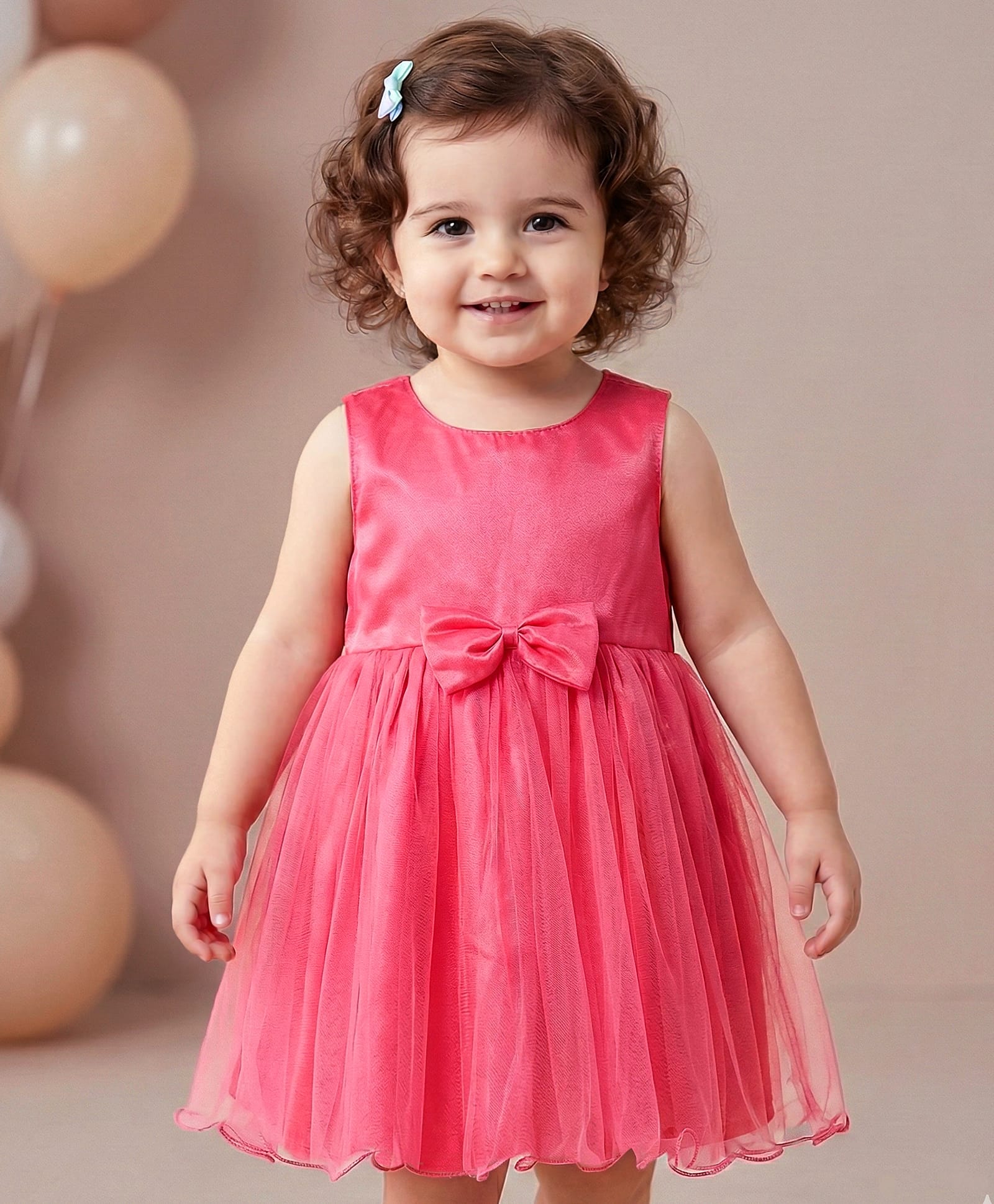 Babyoye Organza Woven Sleeveless Solid Party Dress With Bow Applique - Dark Pink-image-27