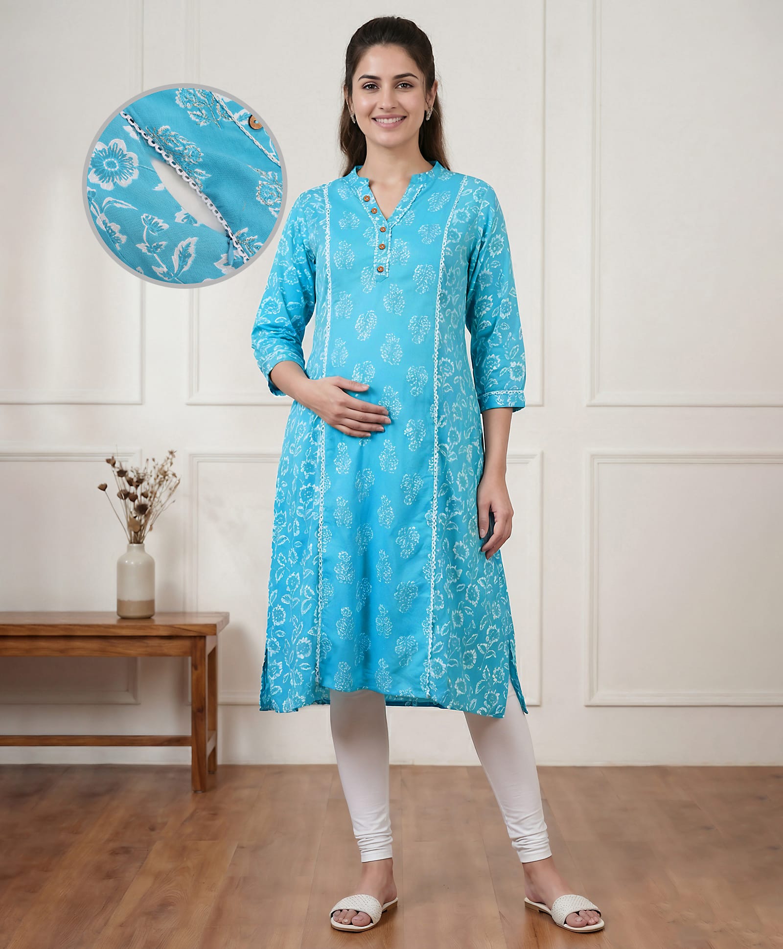 Bella Mama Woven Three Fourth Sleeves Highlighted Yoke Maternity Kurta with Floral Print - Aqua Blue