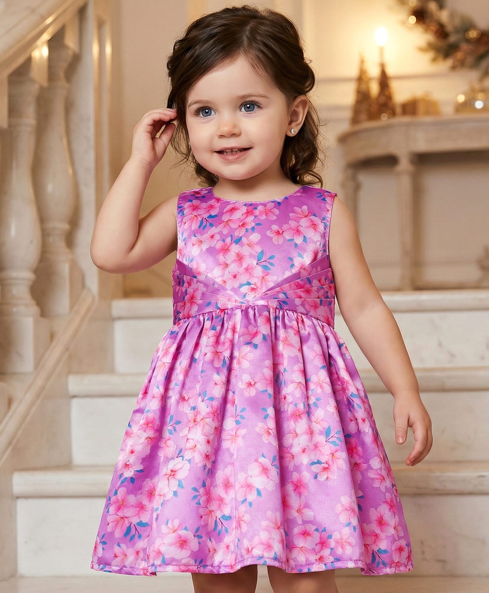 Babyoye Satin Woven Sleeveless Floral Printed Party Dress - Lavender-image-44