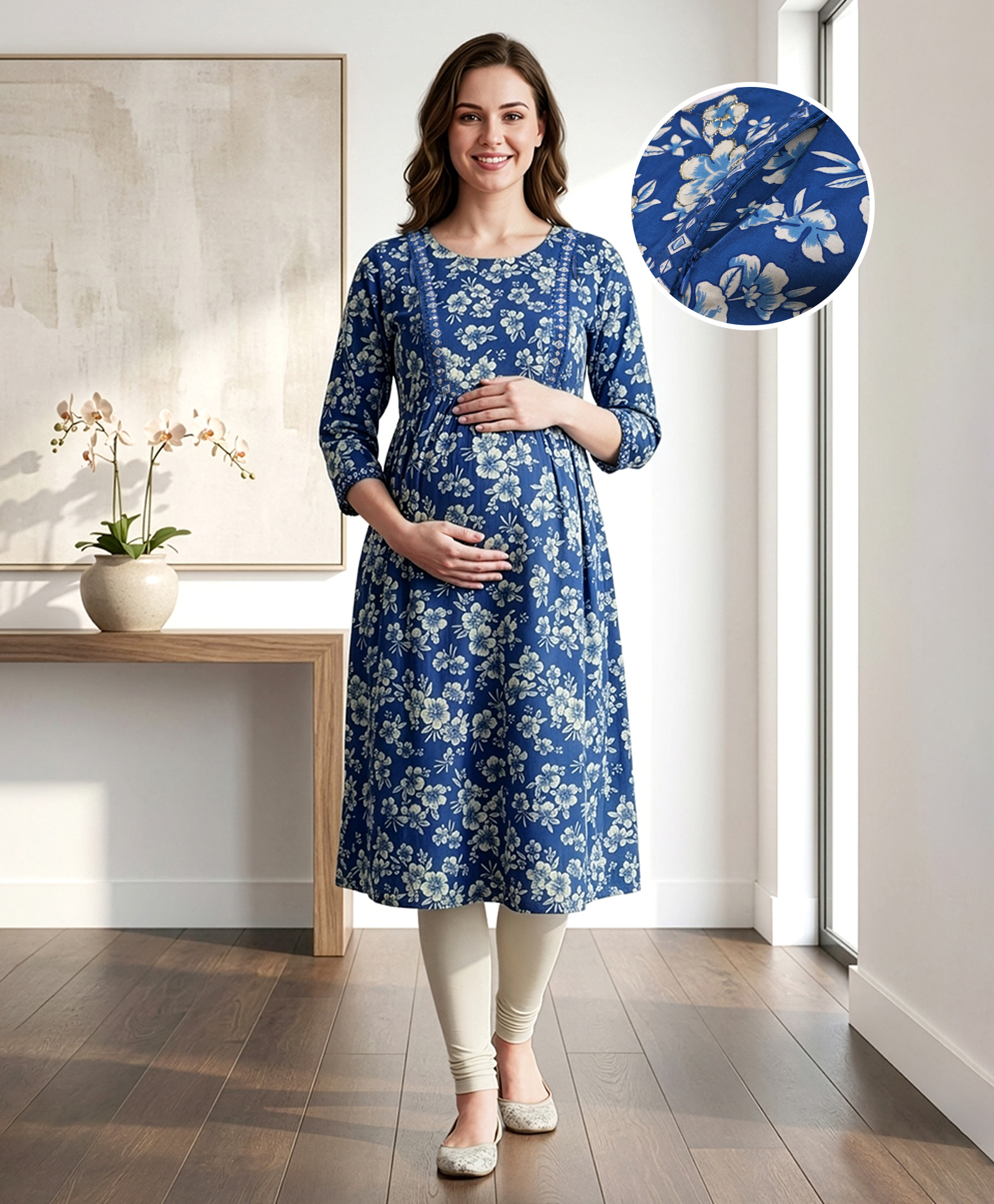 Bella Mama Viscose Woven Three Fourth Sleeves Maternity Kurta With Floral Print & Highlighted Yoke - Blue