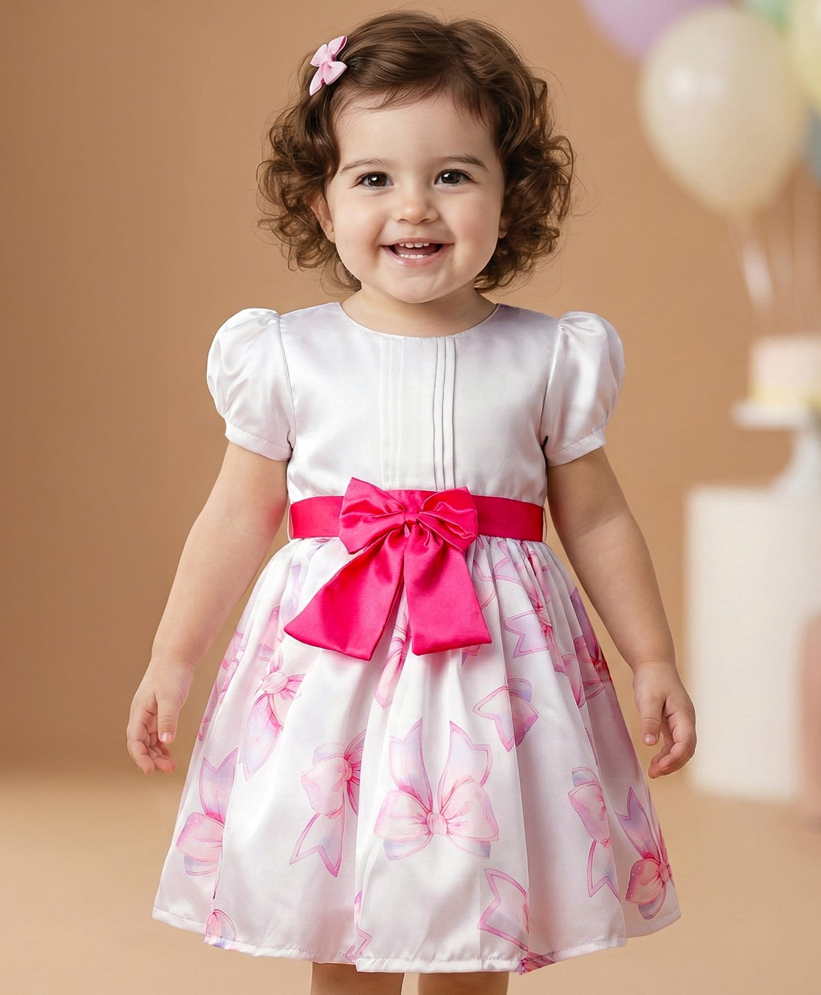 Babyoye Satin Woven Half Sleeves Party Dress With Floral Print & Bow Applique - White-image-5