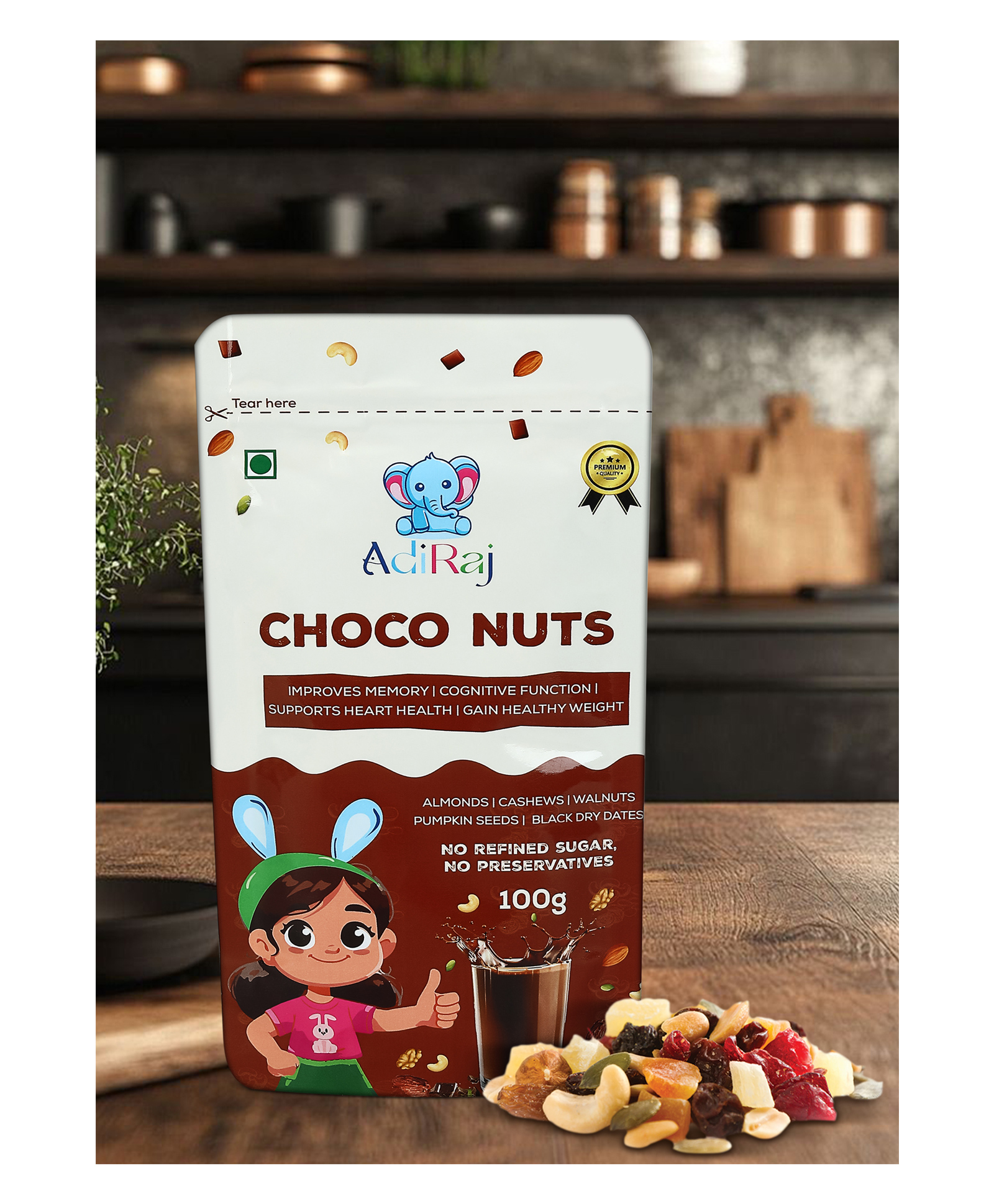 AdiRaj - Choco Nuts Powder, Blend of Almond, Cashew, Walnut, Pumpkin Seeds, Black Dry Dates, Turmeric, Cocoa, Organic Jaggery - 100 g-picture-17