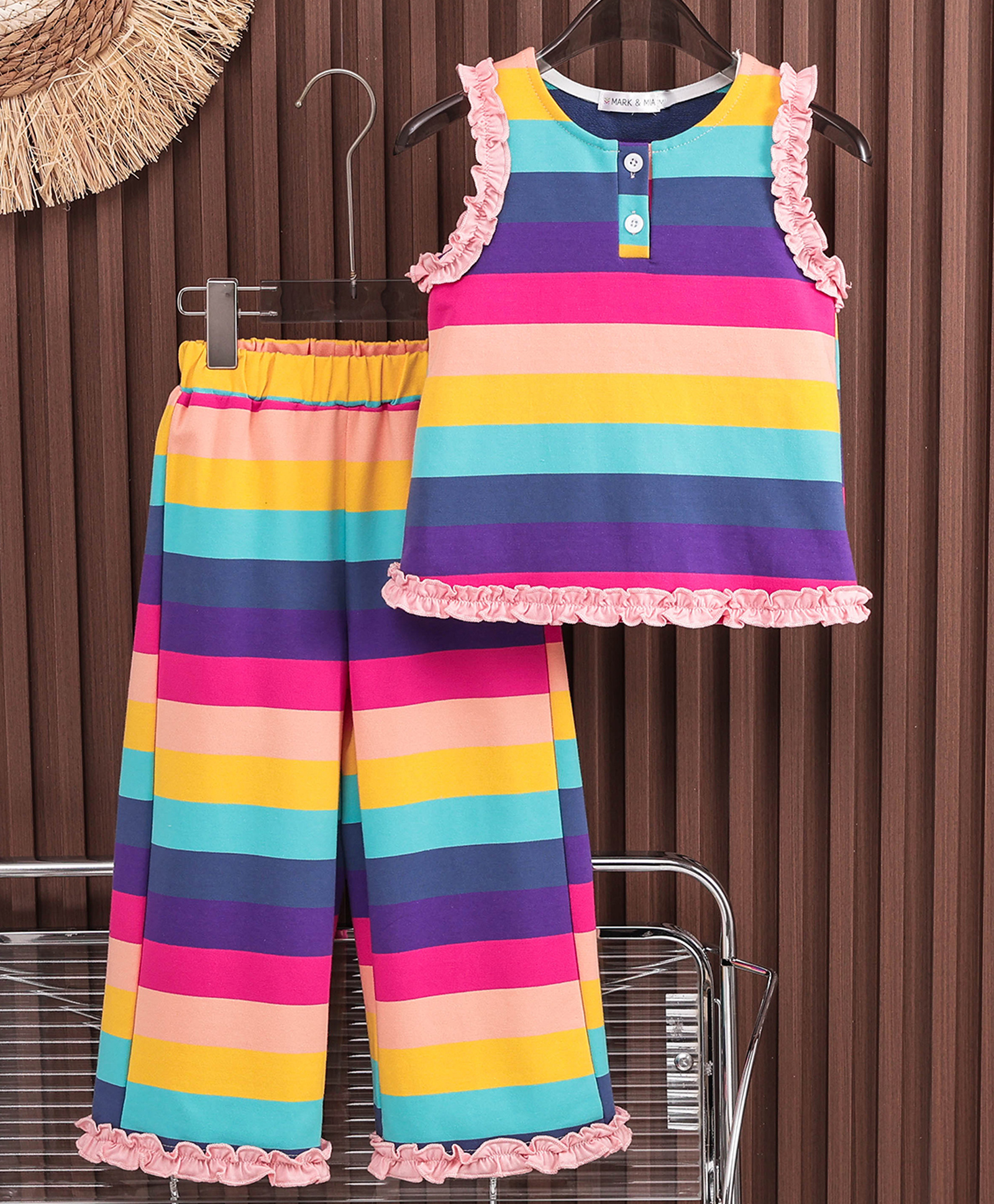 Mark & Mia Cotton Sleeveless Striped Top & Lounge Pant Set - Multicolor-image-3