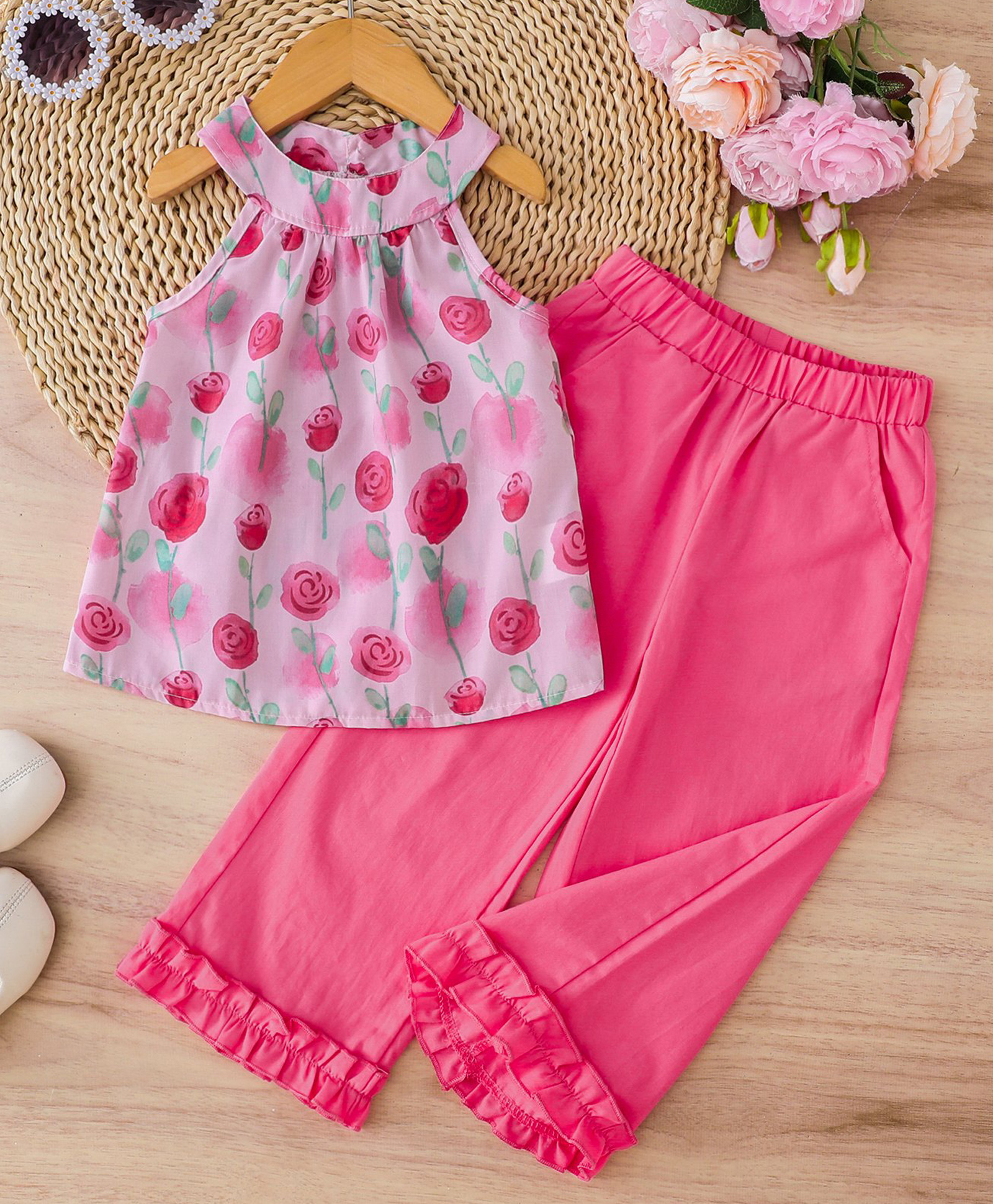 Mark & Mia Sleeveless Halter Neck Top & Lounge Pant Set With Floral Print - Pink-image-2