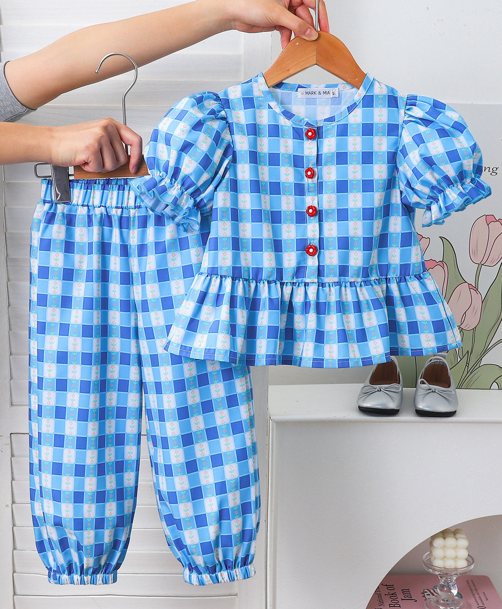 Mark & Mia Half Puffed Sleeves Co-ords Top & Lounge Pant Set with Floral Print - Light Blue-image-24