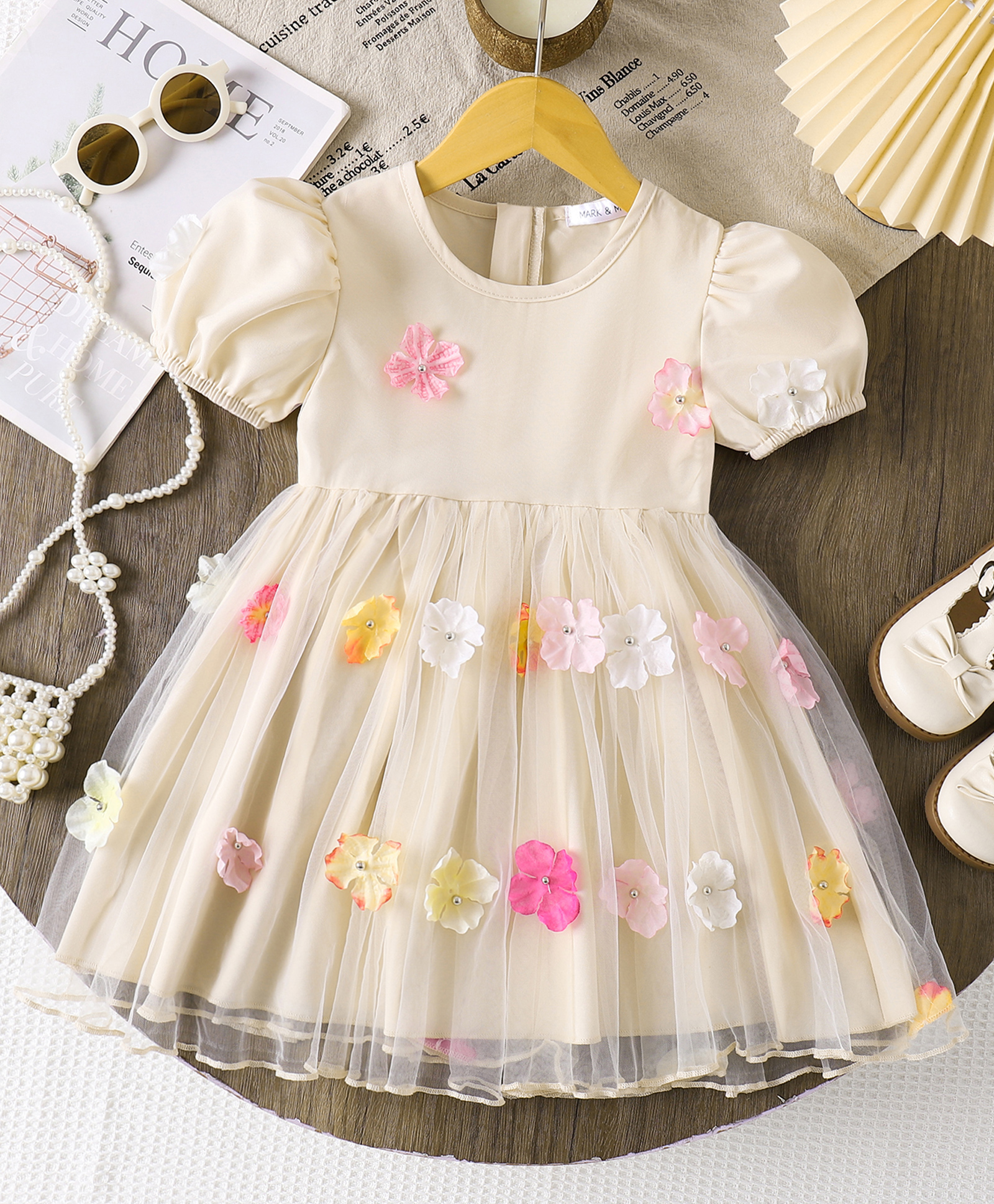 Mark & Mia Half Puffed Sleeves Solid Colour Fit & Flared Party Dress with 3D Floral Applique - Beige