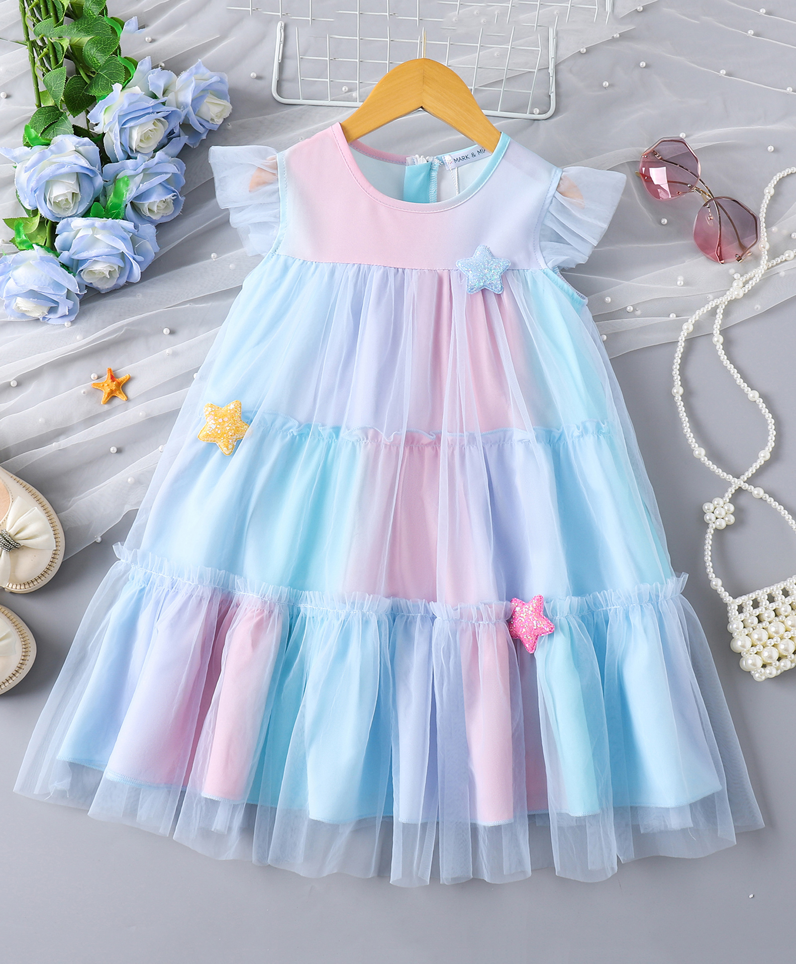 Mark & Mia Sleeveless Tiered Party Dress with Star Applique - Light Blue & Pink-image-36