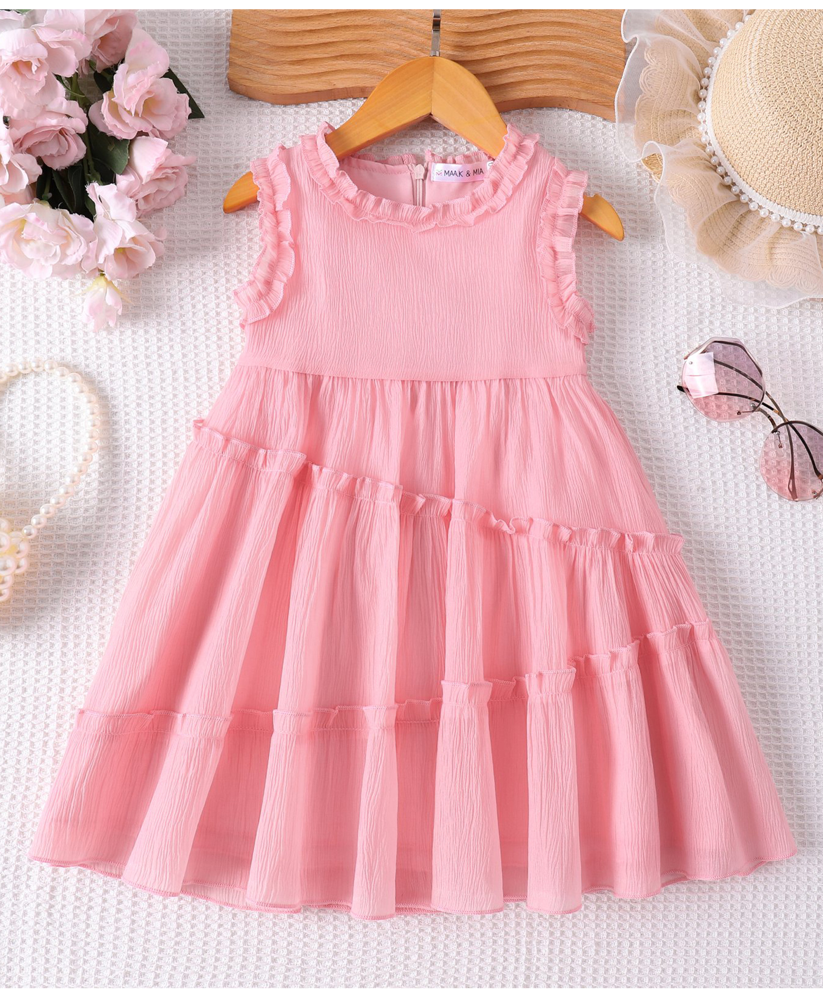 Mark & Mia Sleeveless Solid Coloured Flared Party Dress with Frill Detailing - Pink-image-24