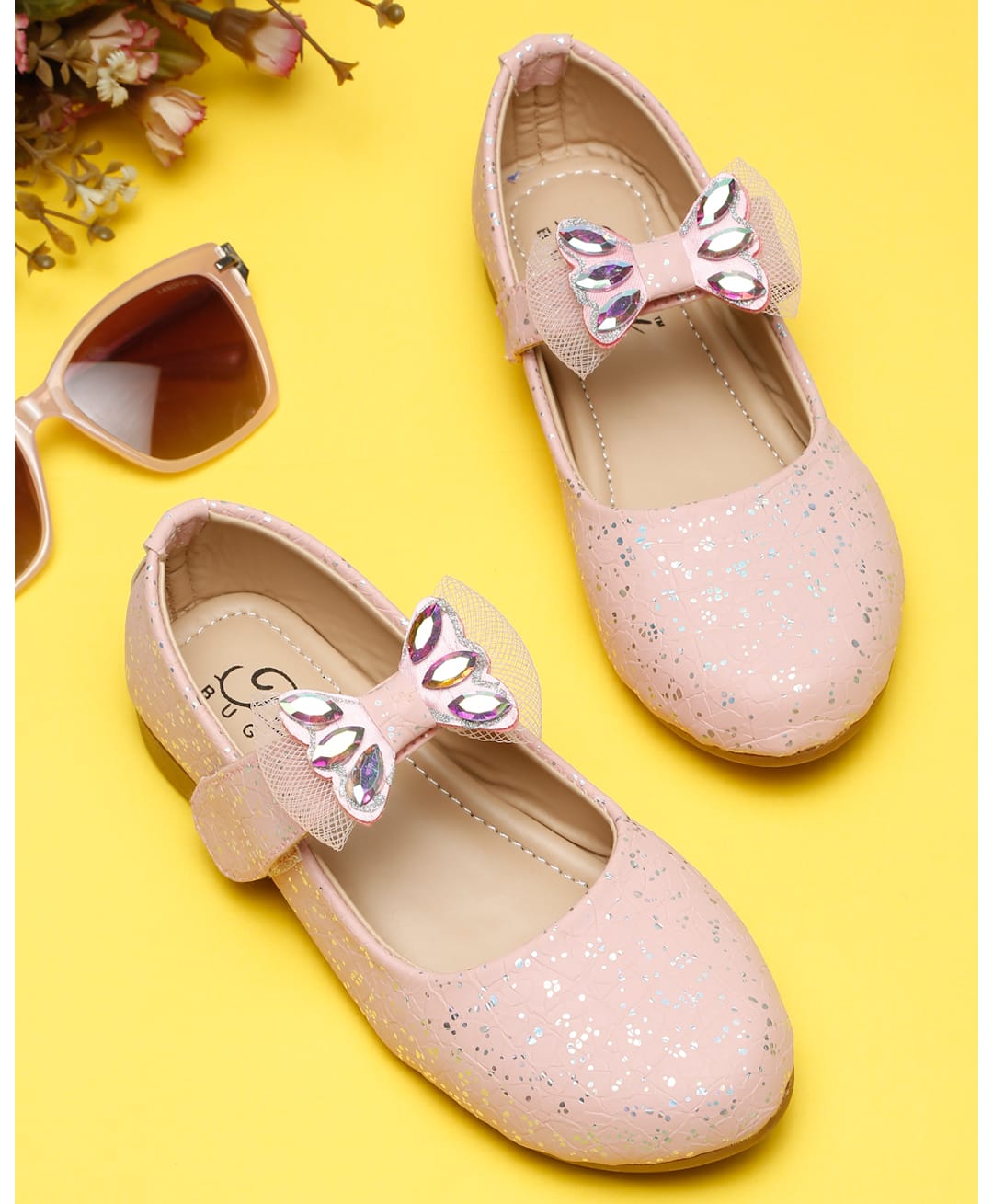Tiny Bugs Bow Applique Detailed Shimmered Velcro Closure Mary Jane Ballerinas - Pink-picture-40